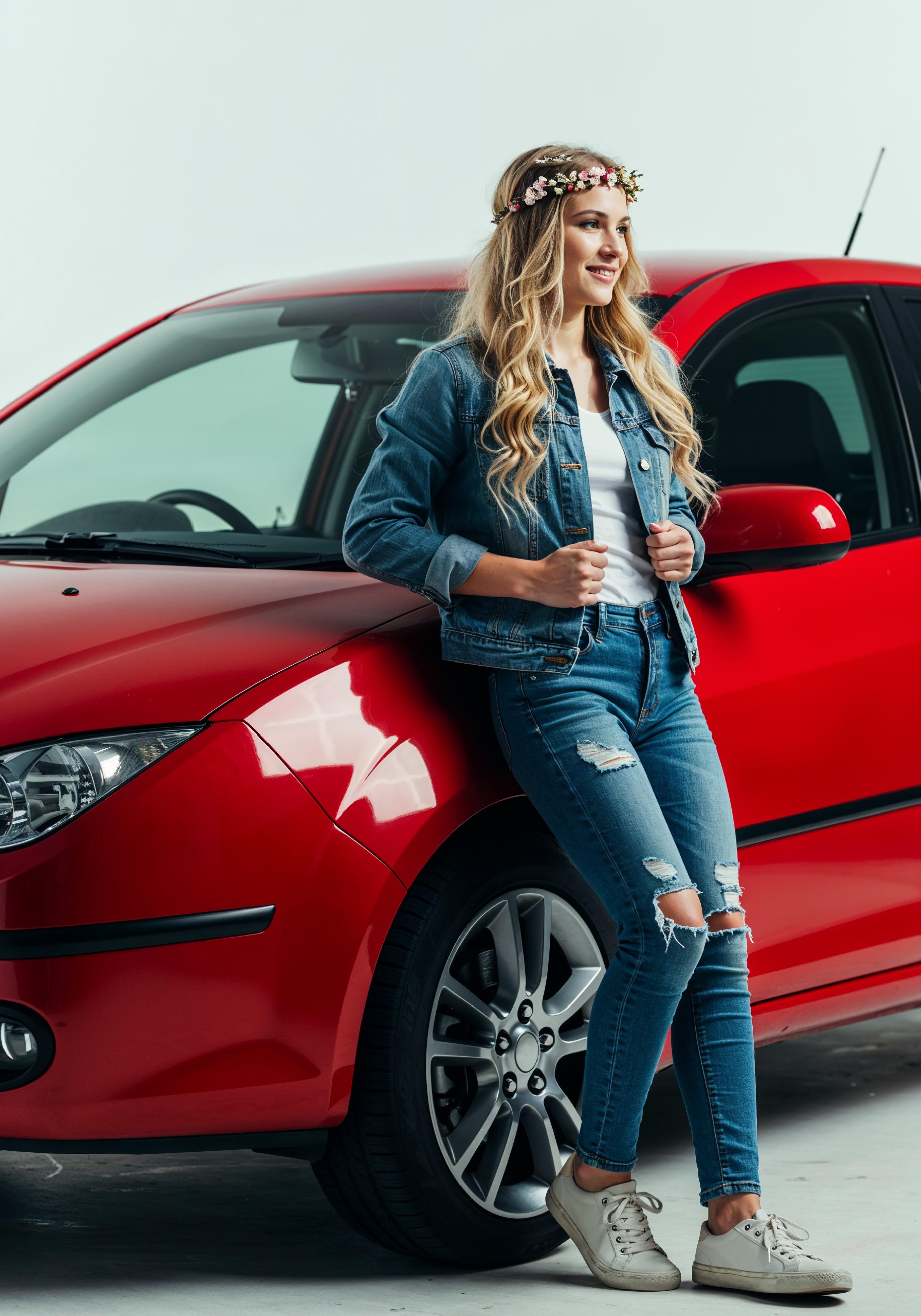 Elegant Young Woman Standing Beside Luxury Car in Fashion Lifestyle Portrait