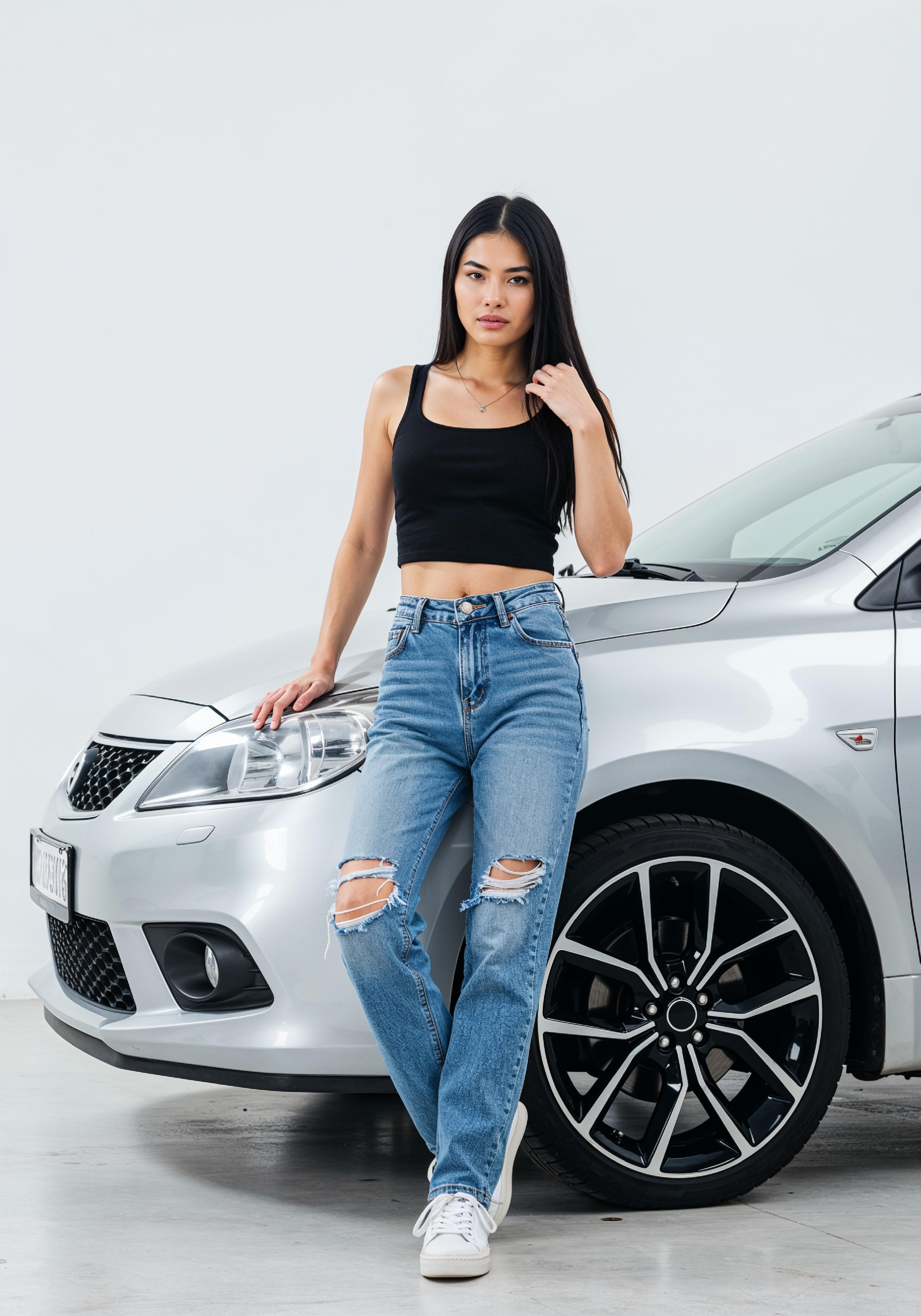 Elegant Young Woman Standing Beside Luxury Car in Fashion Lifestyle Portrait