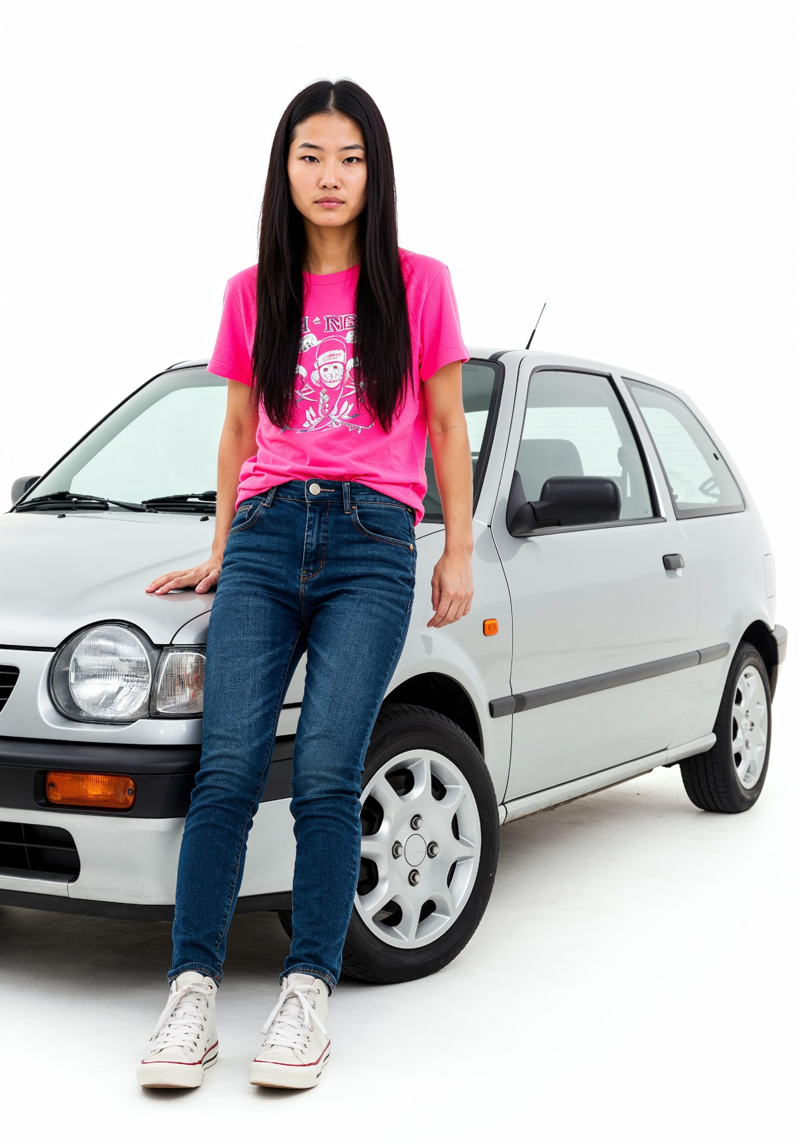Elegant Young Woman Standing Beside Luxury Car in Fashion Lifestyle Portrait