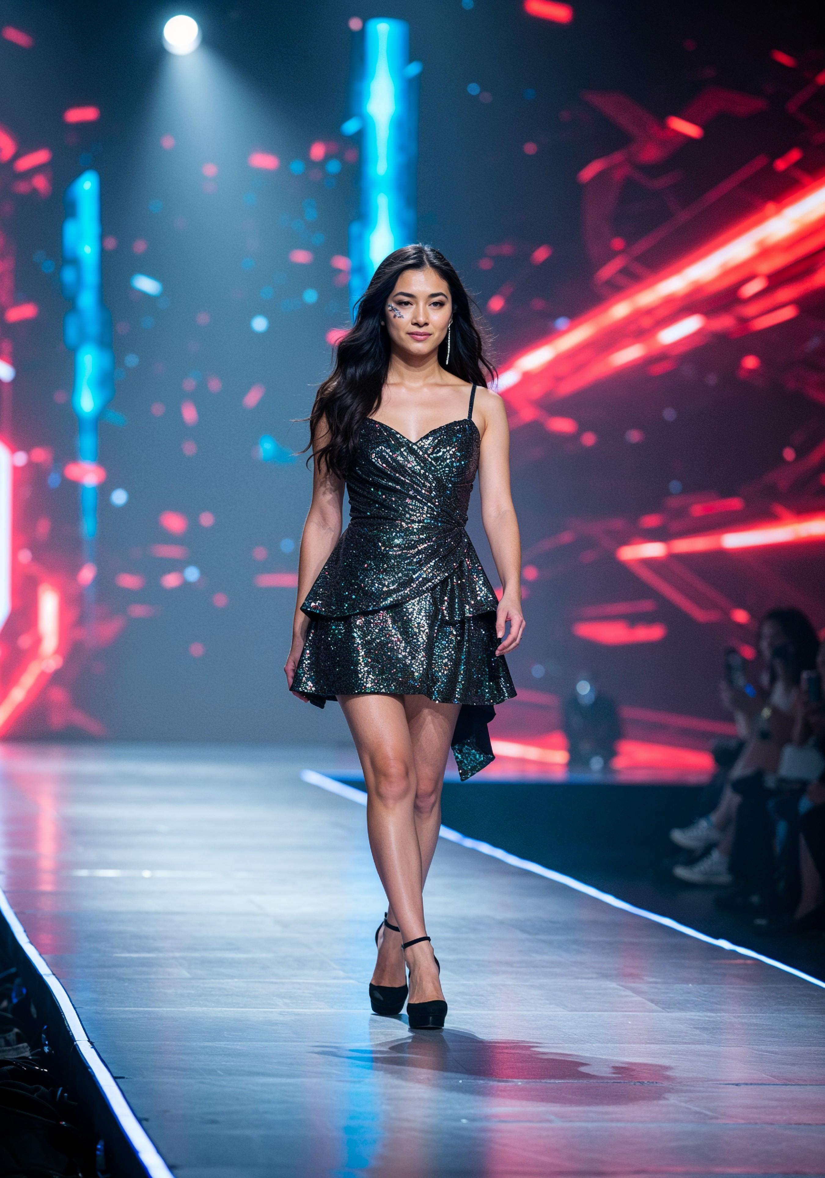 Fashion Model Walking on Runway During Luxury Fashion Show with Stage Lights and Audience