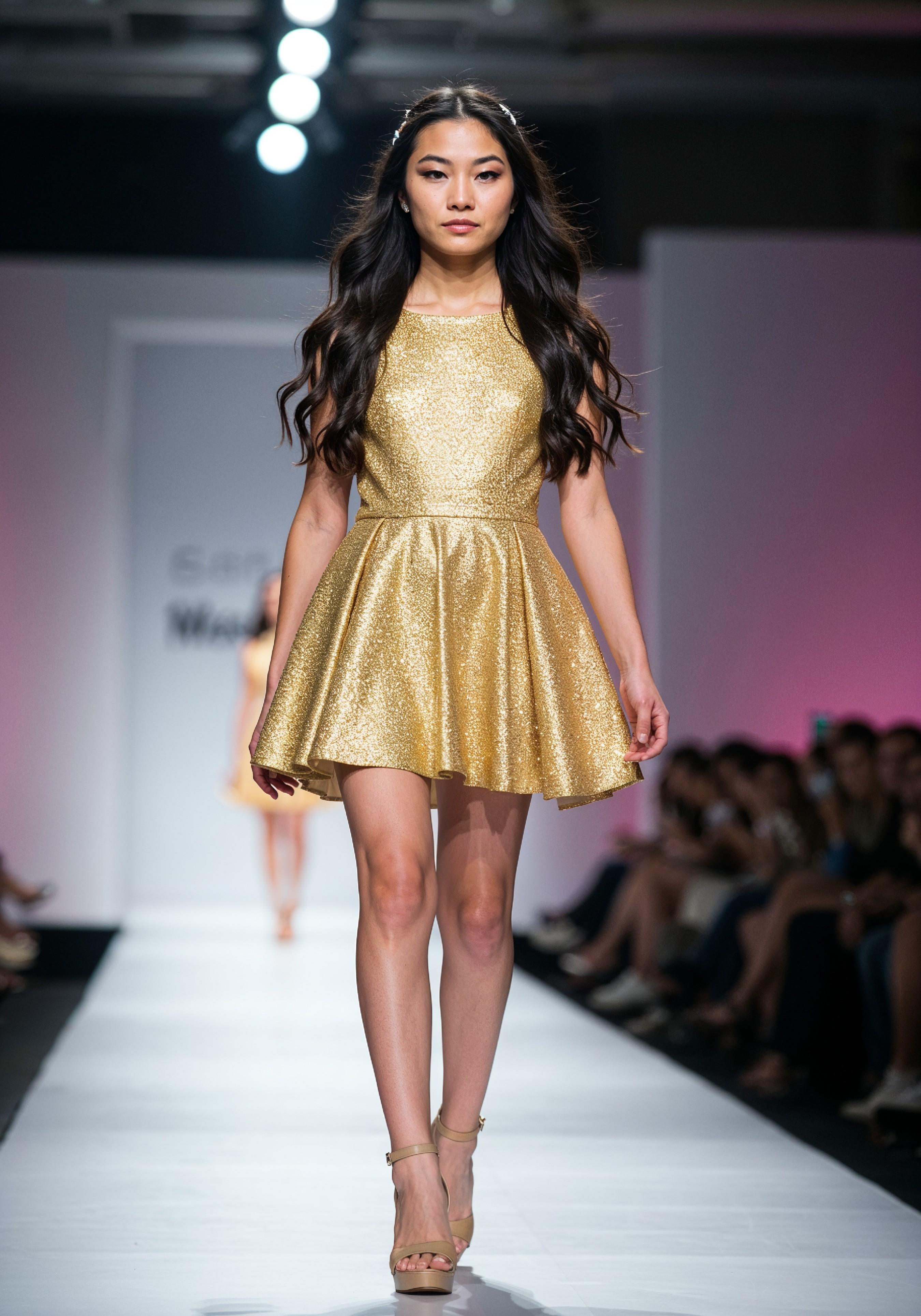 Fashion Model Walking on Runway During Luxury Fashion Show with Stage Lights and Audience