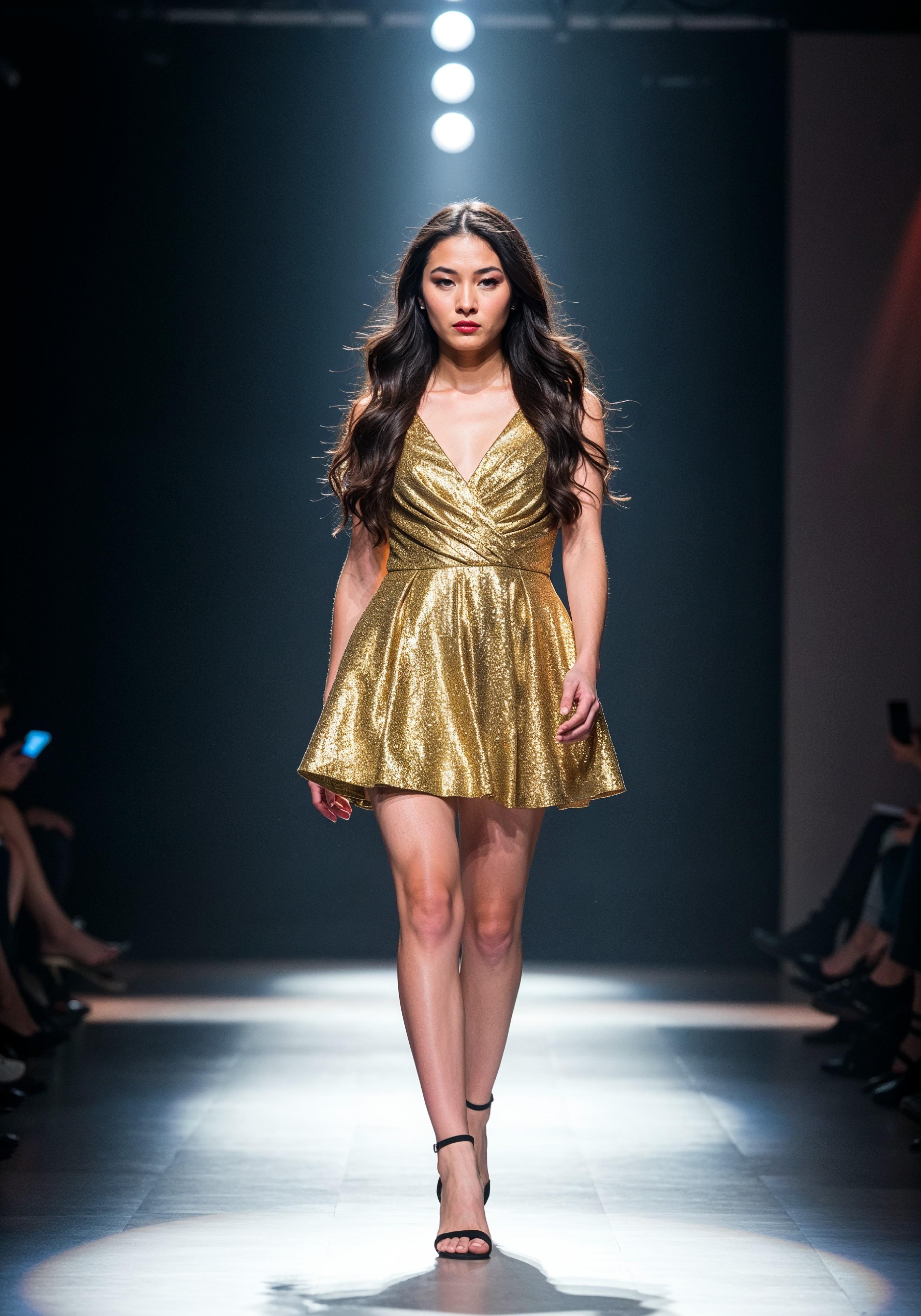 Fashion Model Walking on Runway During Luxury Fashion Show with Stage Lights and Audience