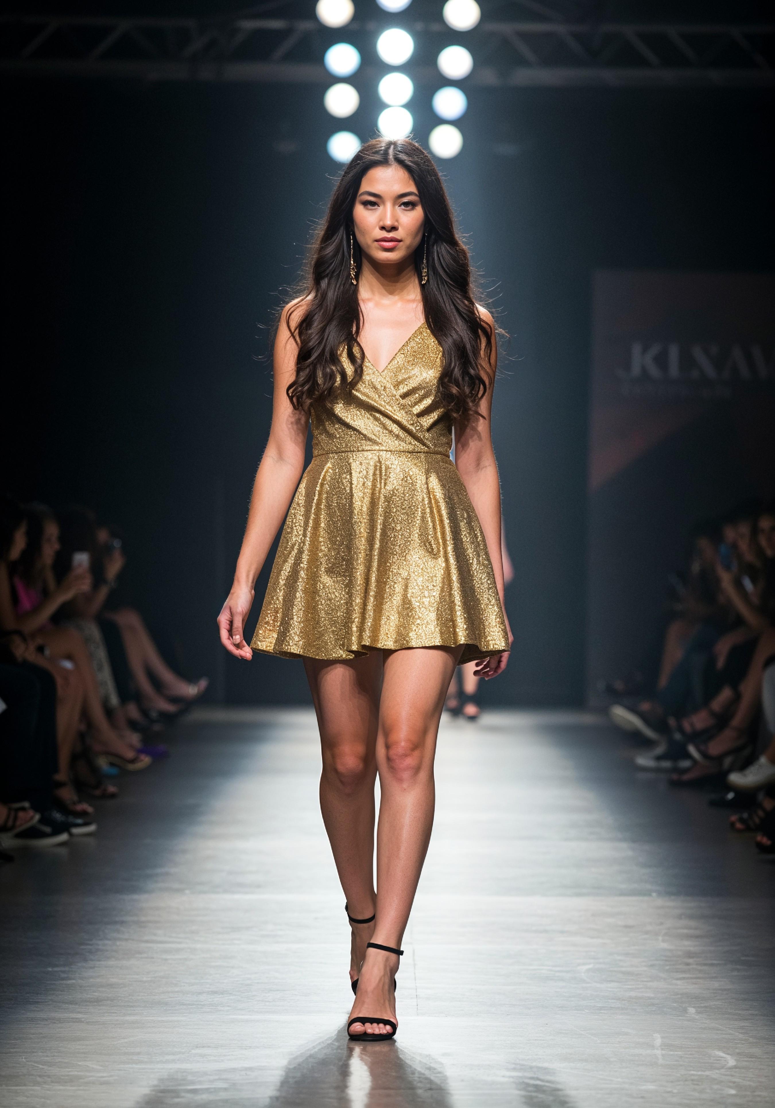 Fashion Model Walking on Runway During Luxury Fashion Show with Stage Lights and Audience
