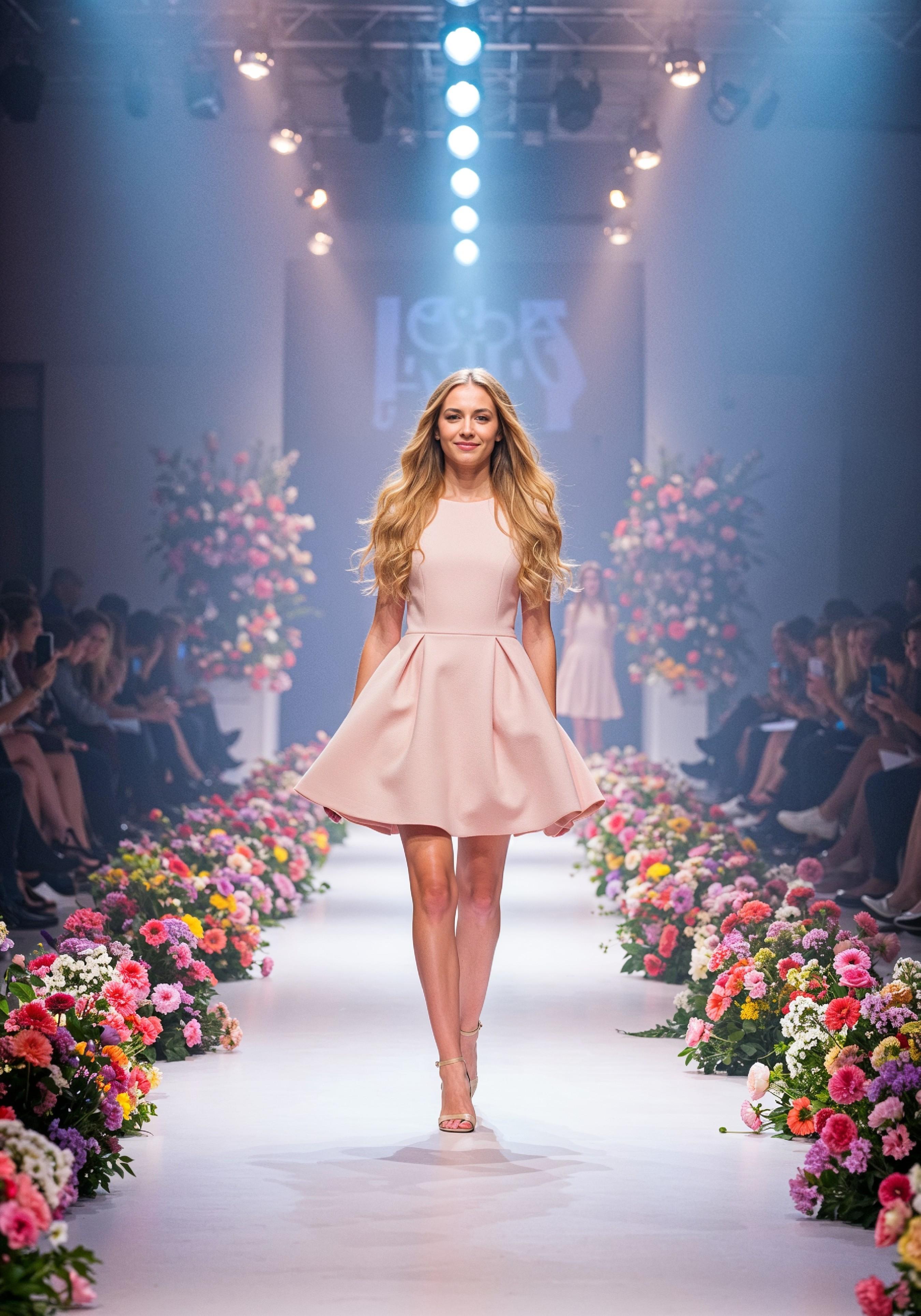 Fashion Model Walking on Runway During Luxury Fashion Show with Stage Lights and Audience