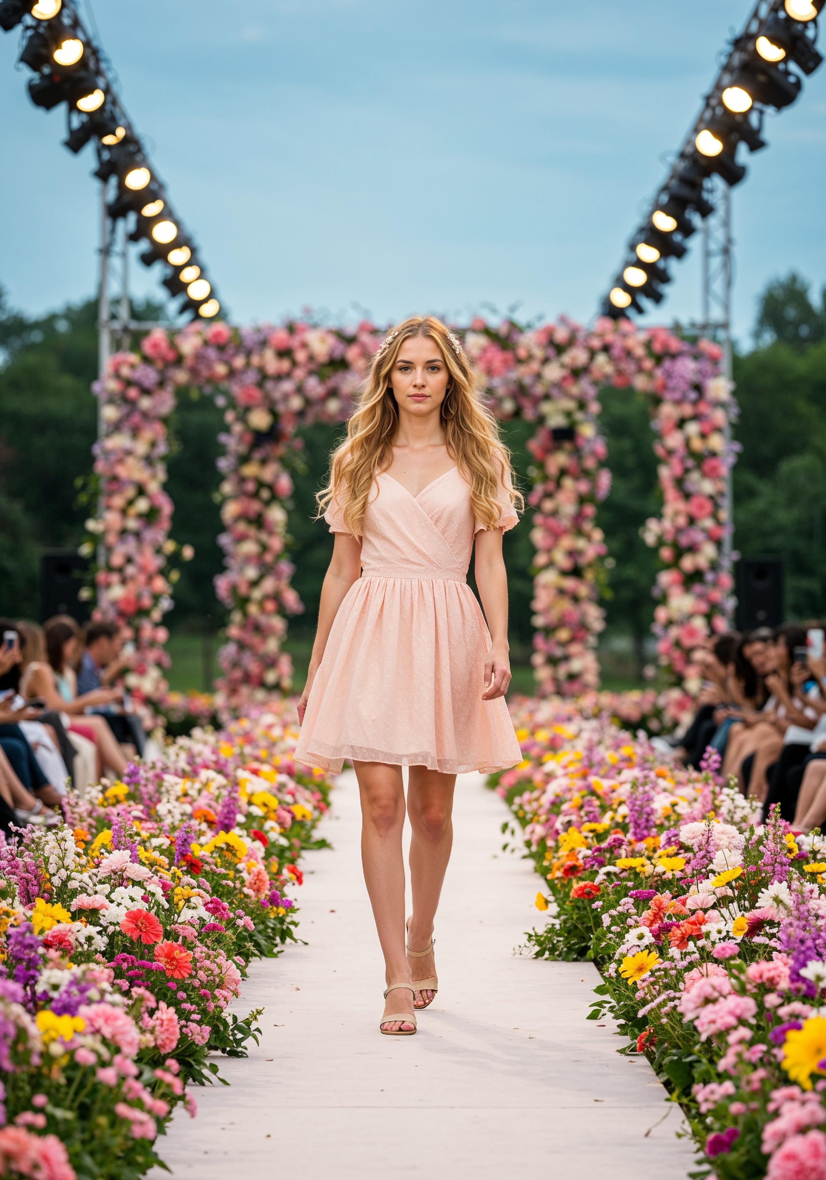 Fashion Model Walking on Runway During Luxury Fashion Show with Stage Lights and Audience