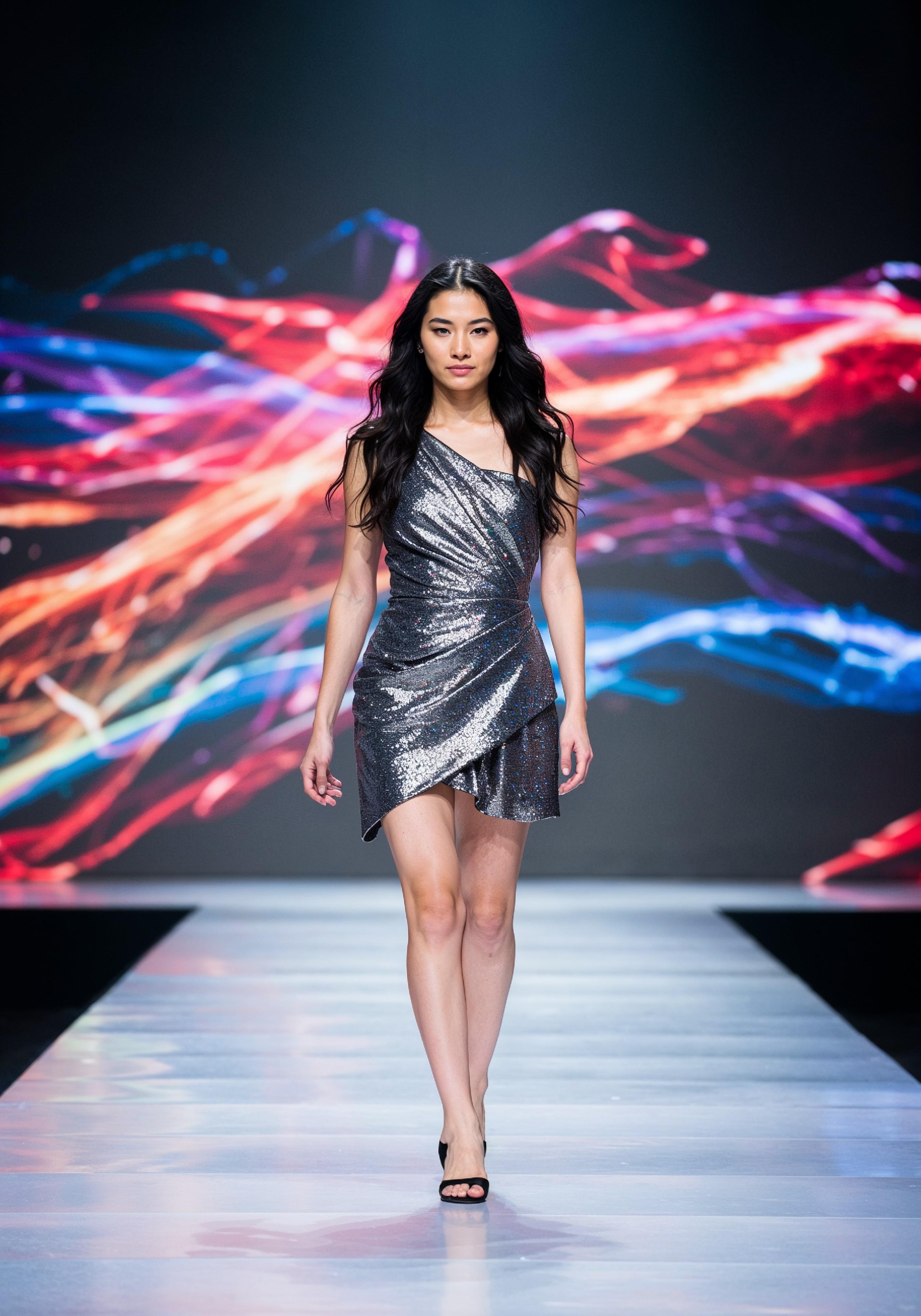 Fashion Model Walking on Runway During Luxury Fashion Show with Stage Lights and Audience