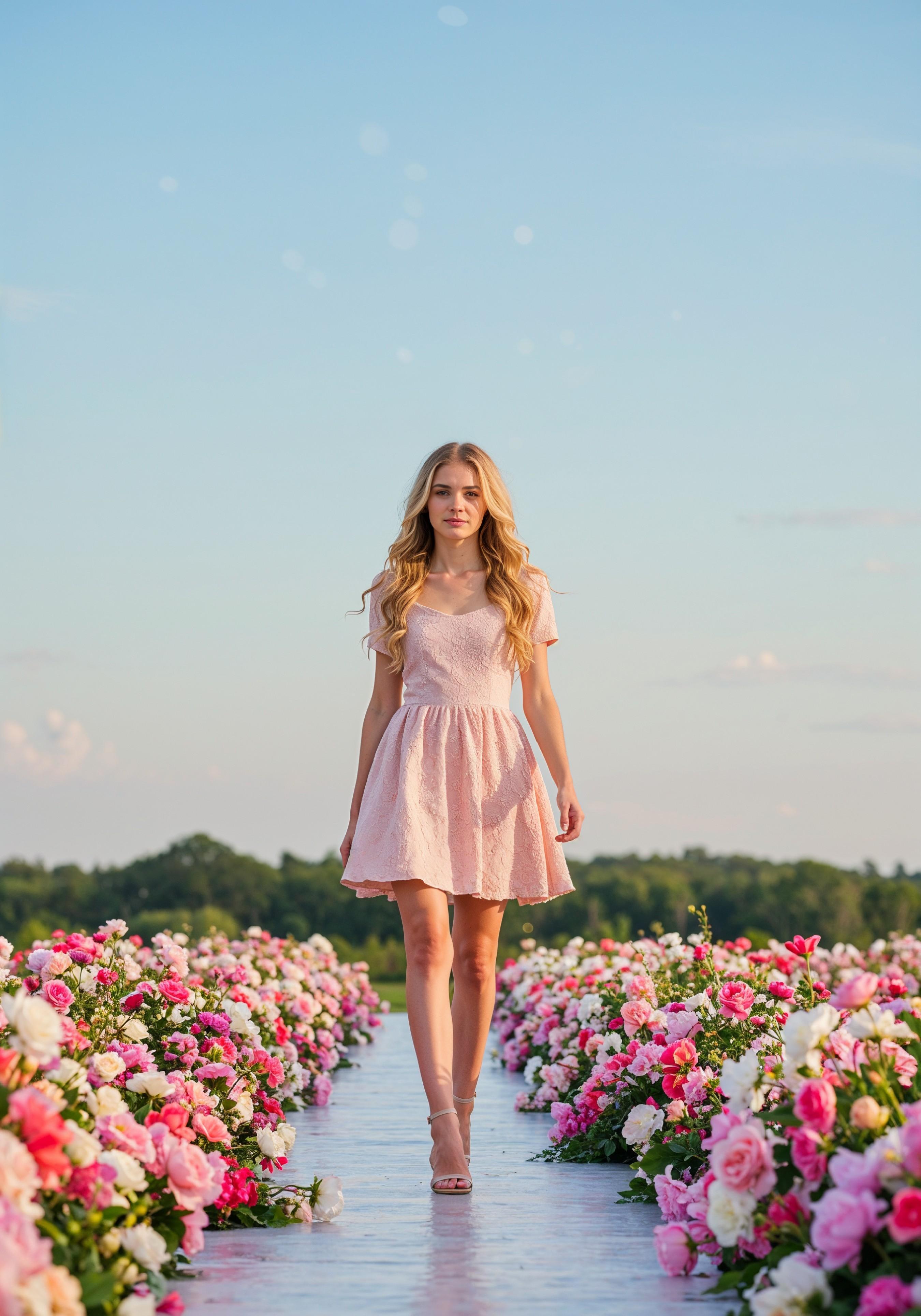 Fashion Model Walking on Runway During Luxury Fashion Show with Stage Lights and Audience