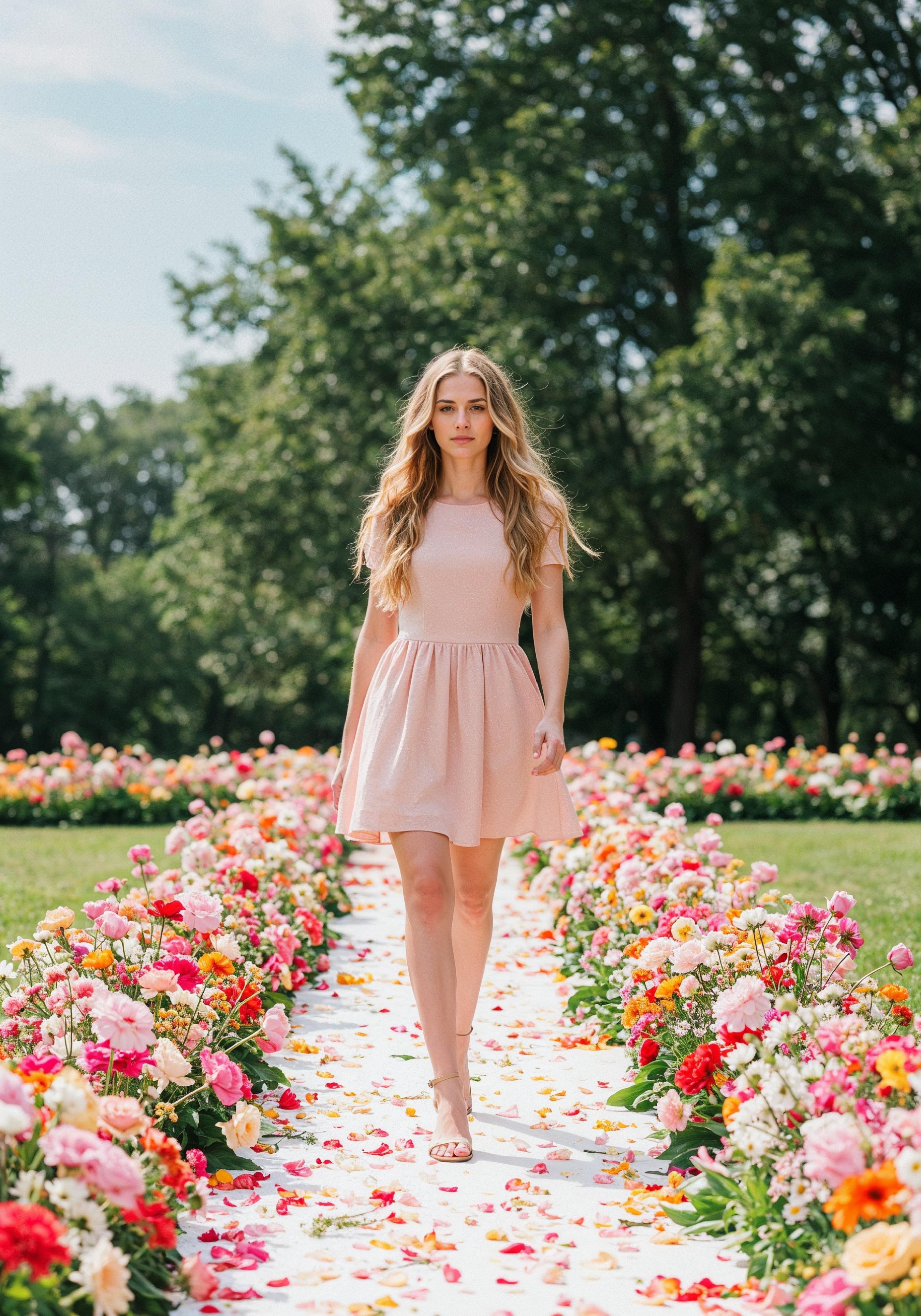 Fashion Model Walking on Runway During Luxury Fashion Show with Stage Lights and Audience