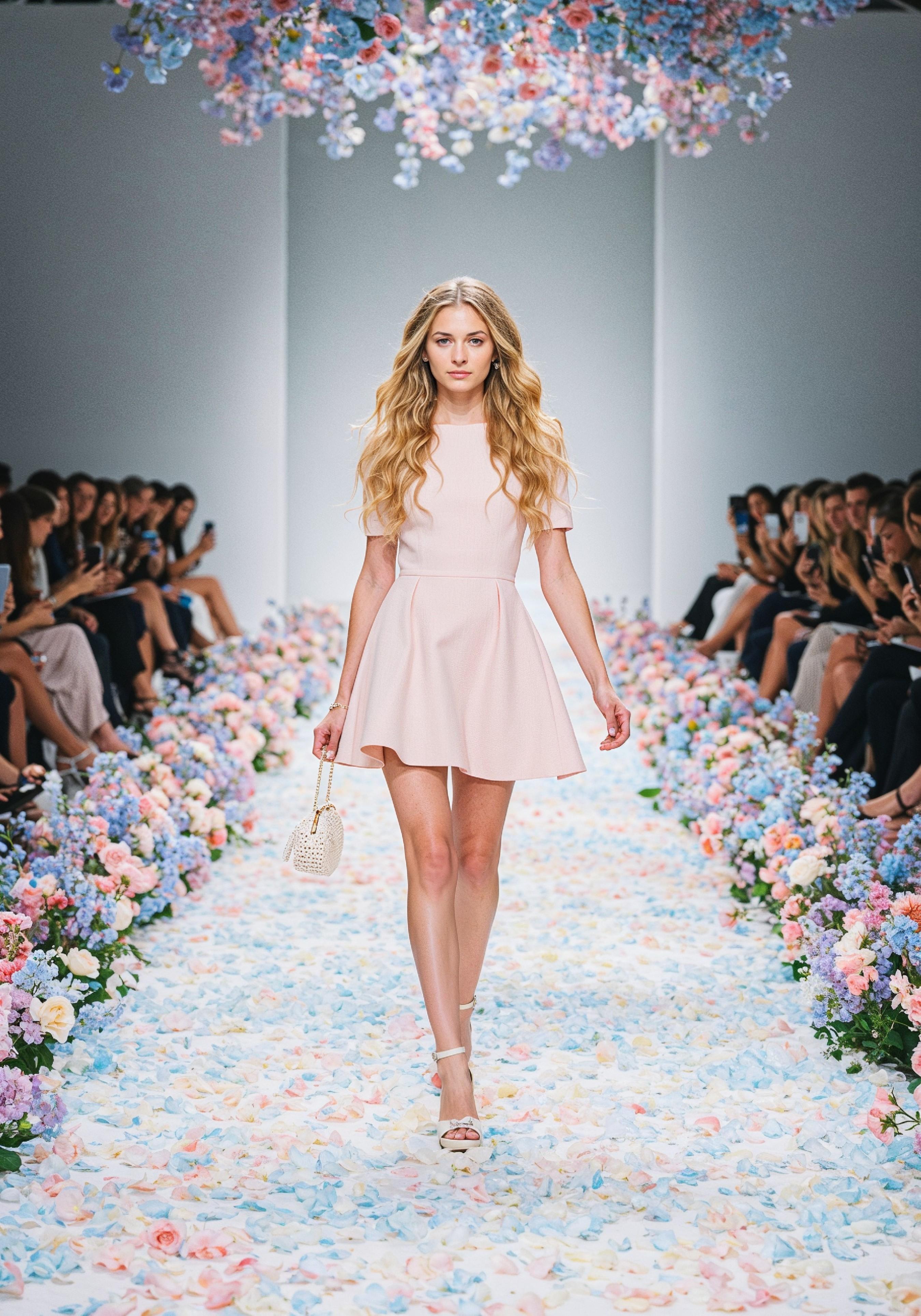 Fashion Model Walking on Runway During Luxury Fashion Show with Stage Lights and Audience