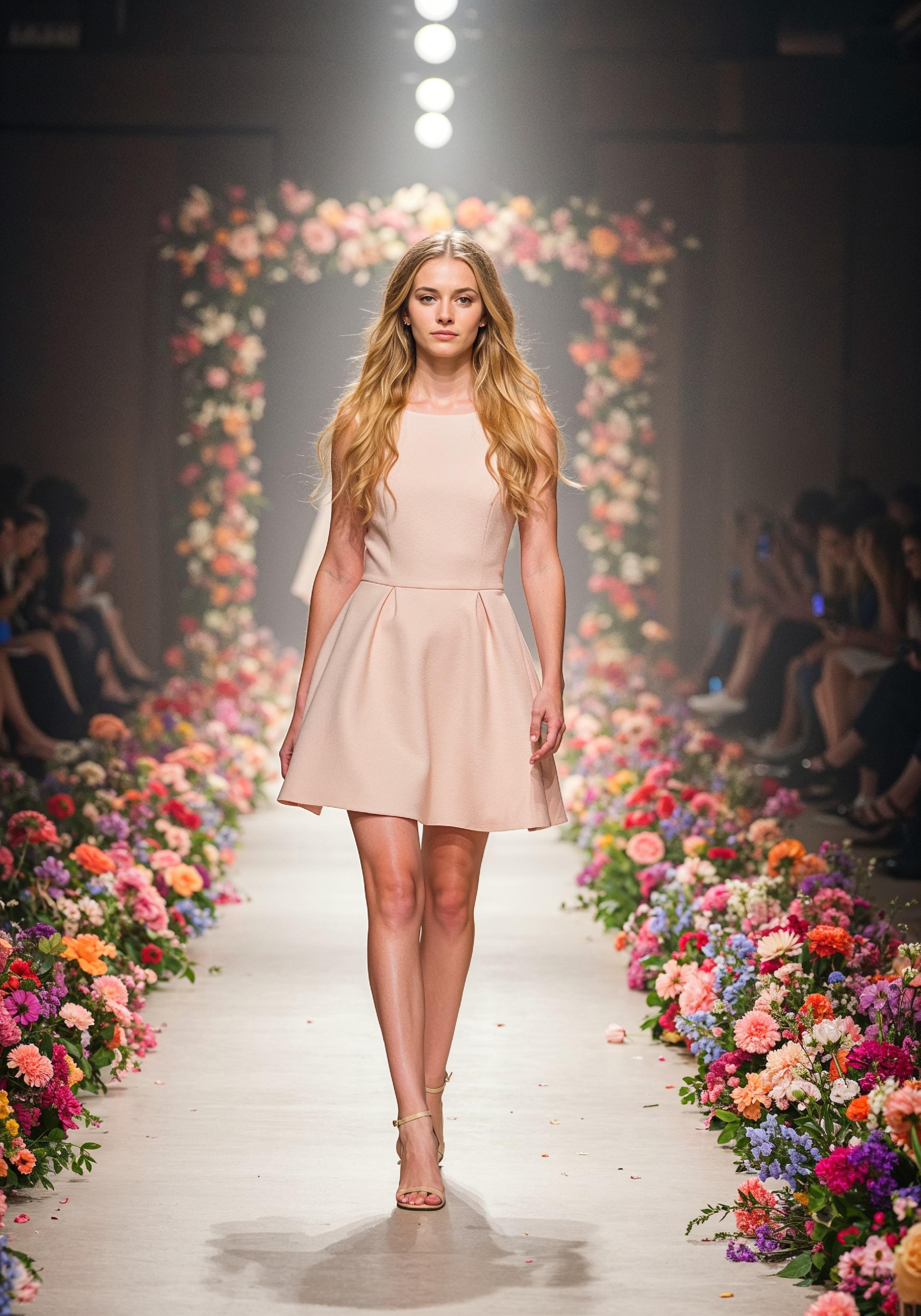 Fashion Model Walking on Runway During Luxury Fashion Show with Stage Lights and Audience