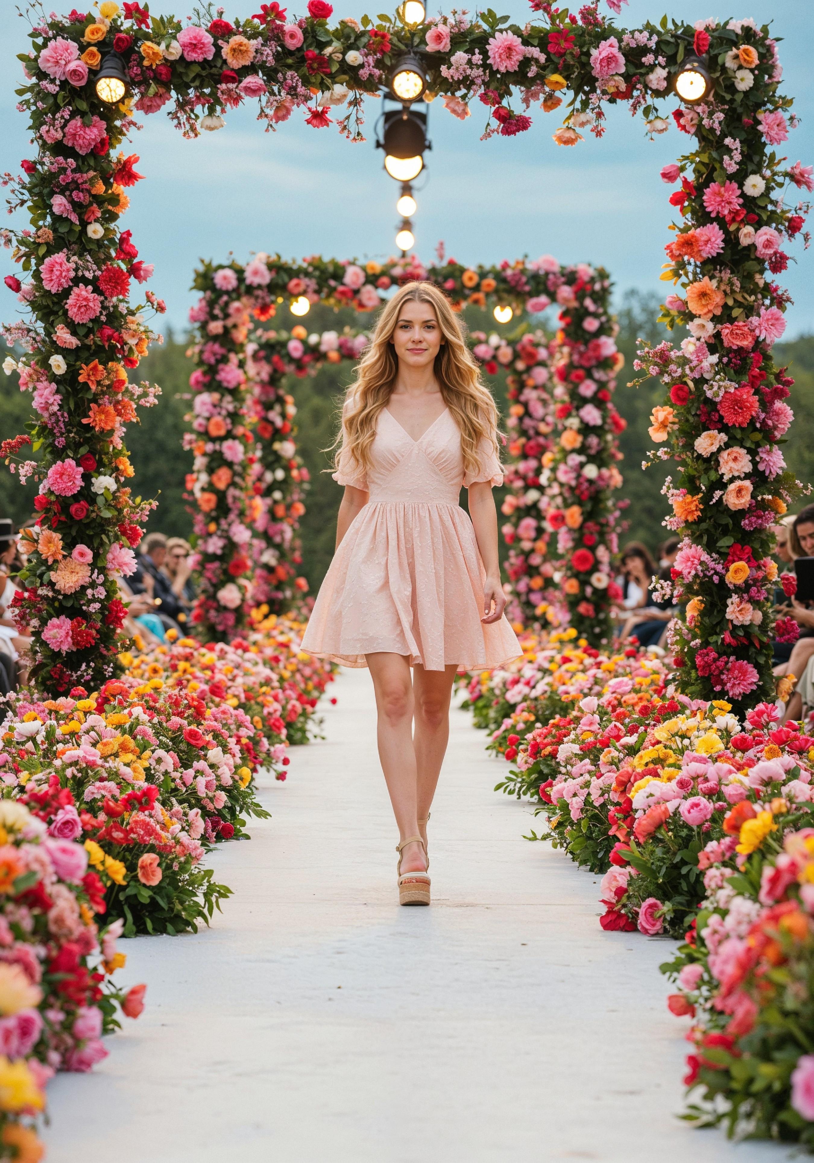 Fashion Model Walking on Runway During Luxury Fashion Show with Stage Lights and Audience