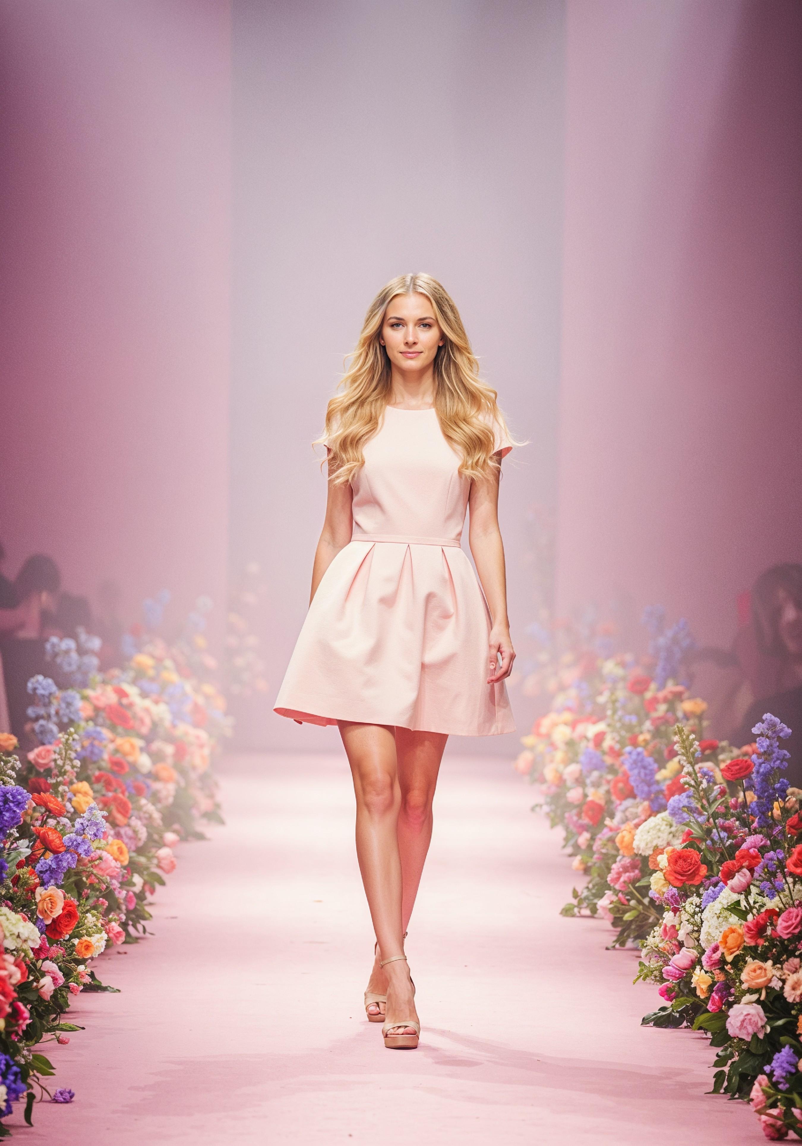 Fashion Model Walking on Runway During Luxury Fashion Show with Stage Lights and Audience