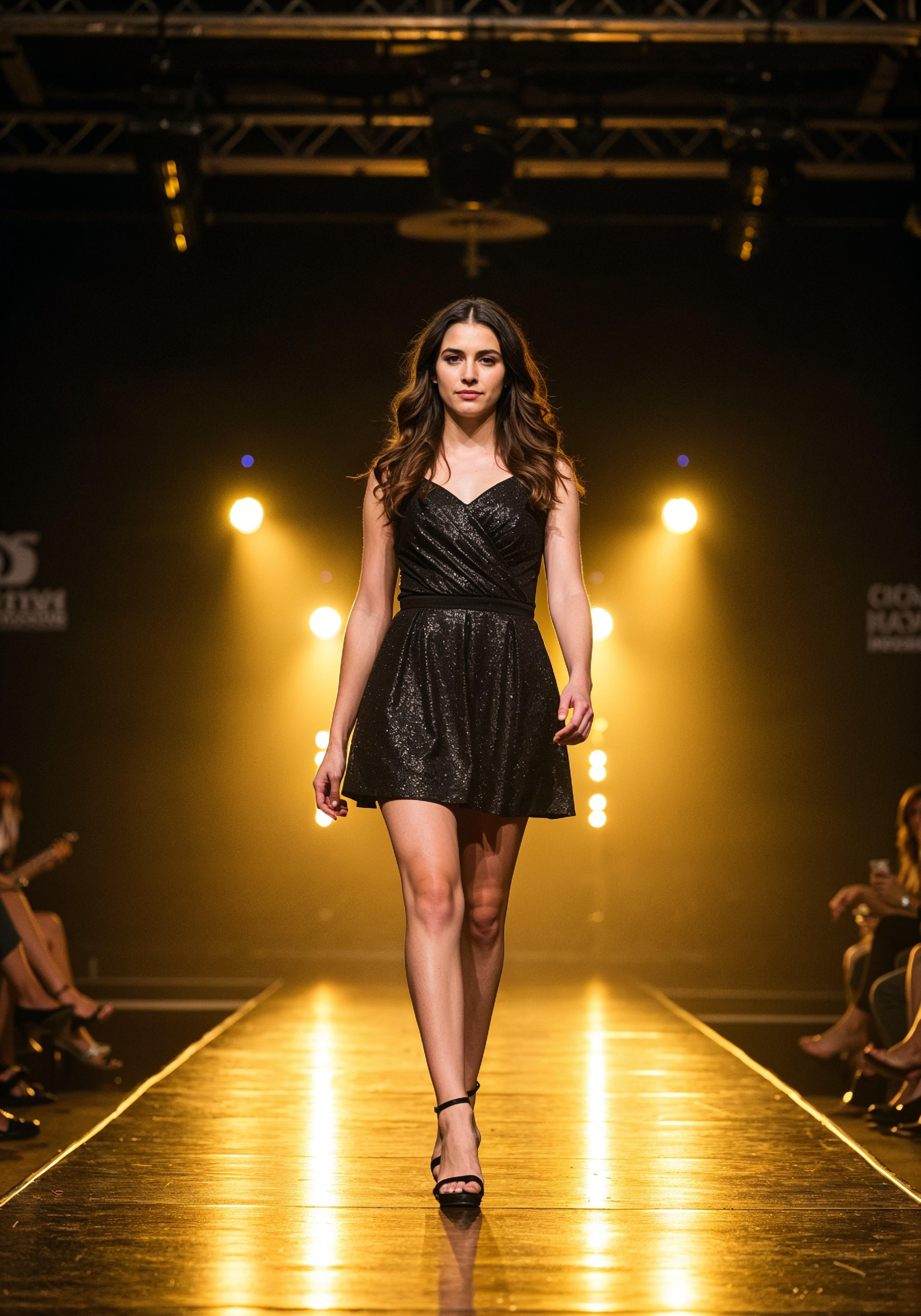 Fashion Model Walking on Runway During Luxury Fashion Show with Stage Lights and Audience