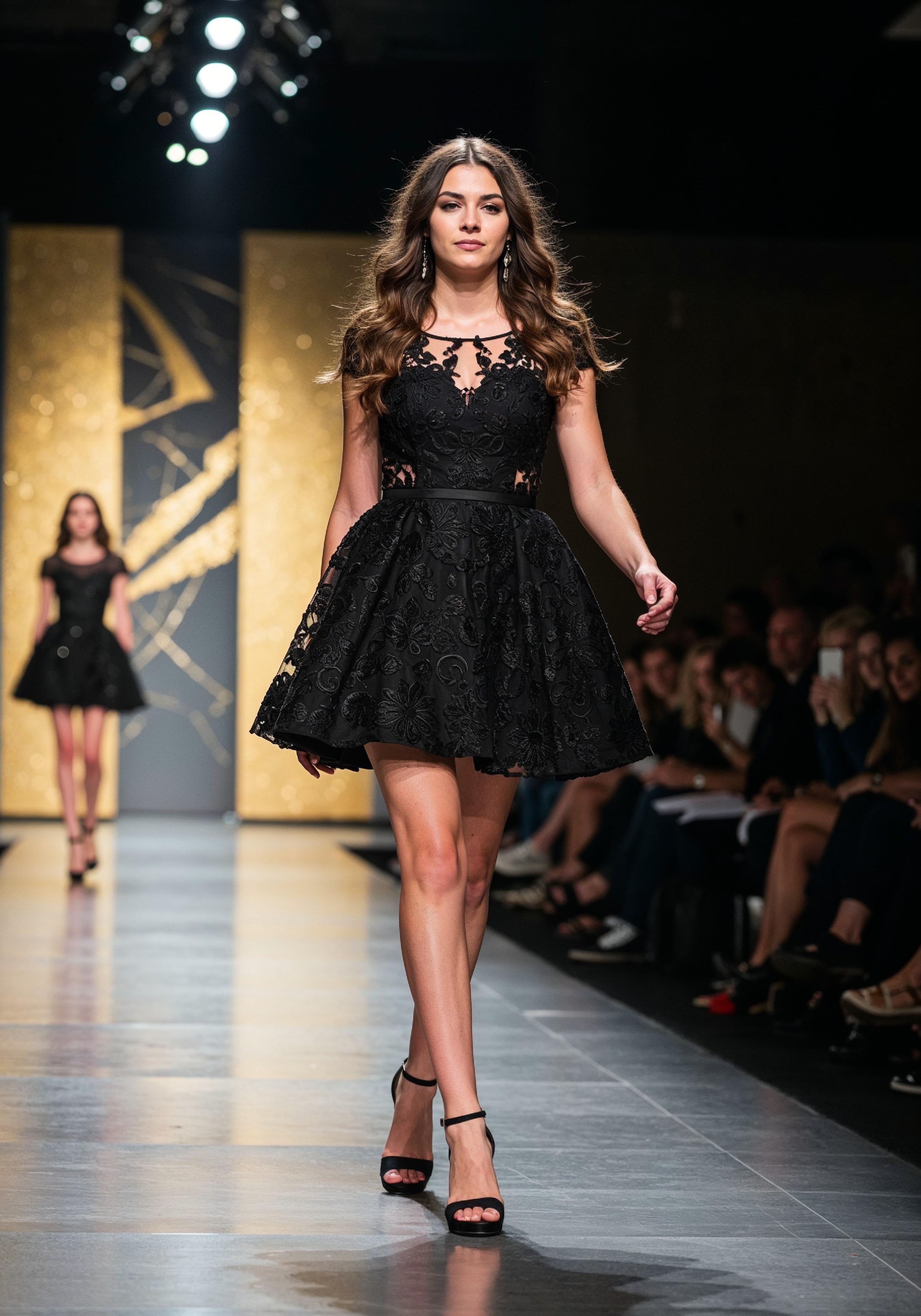 Fashion Model Walking on Runway During Luxury Fashion Show with Stage Lights and Audience