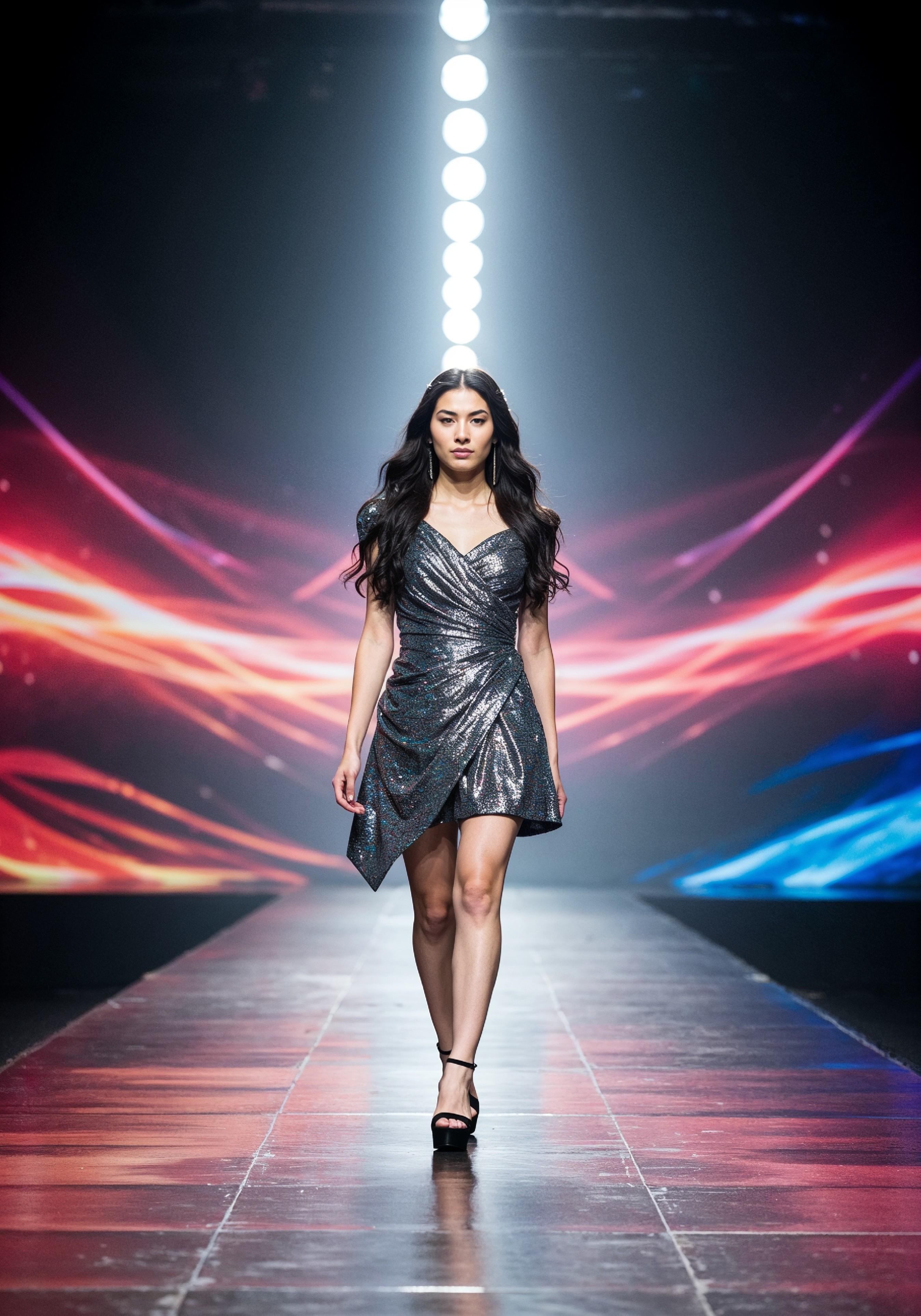 Fashion Model Walking on Runway During Luxury Fashion Show with Stage Lights and Audience