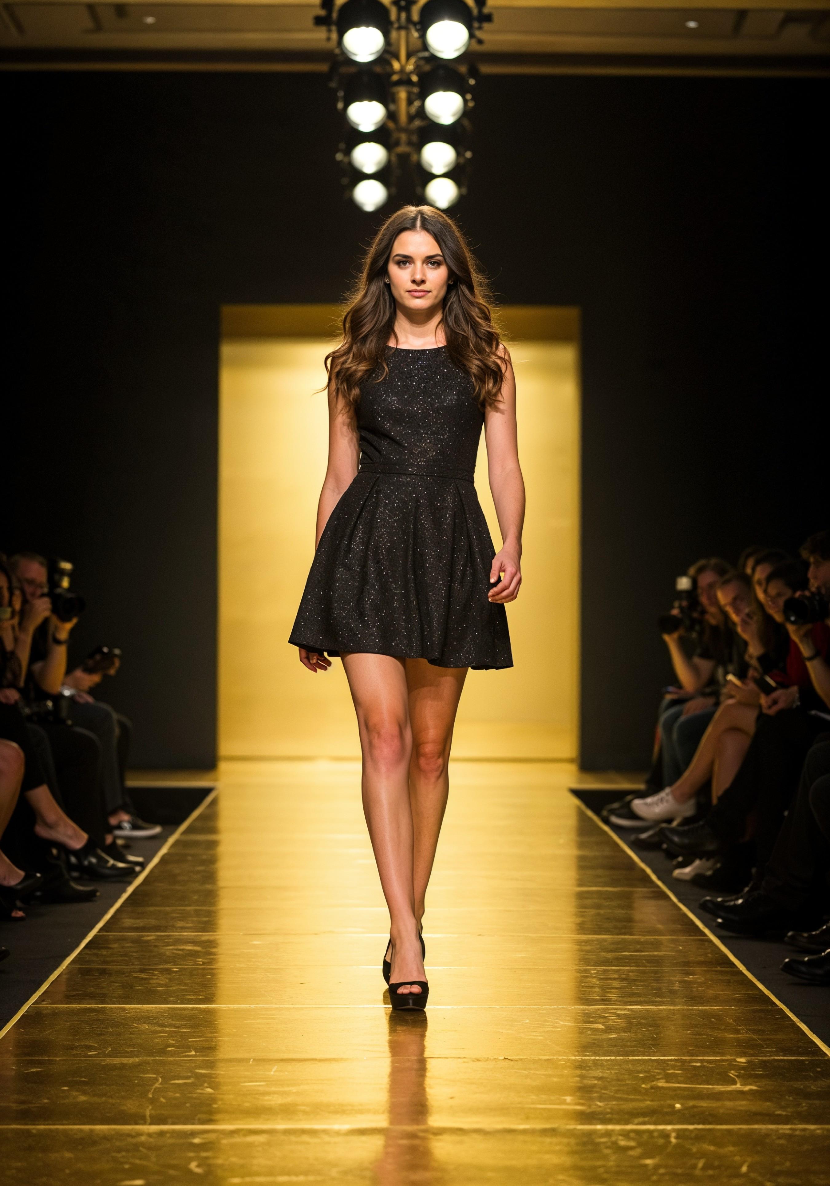 Fashion Model Walking on Runway During Luxury Fashion Show with Stage Lights and Audience