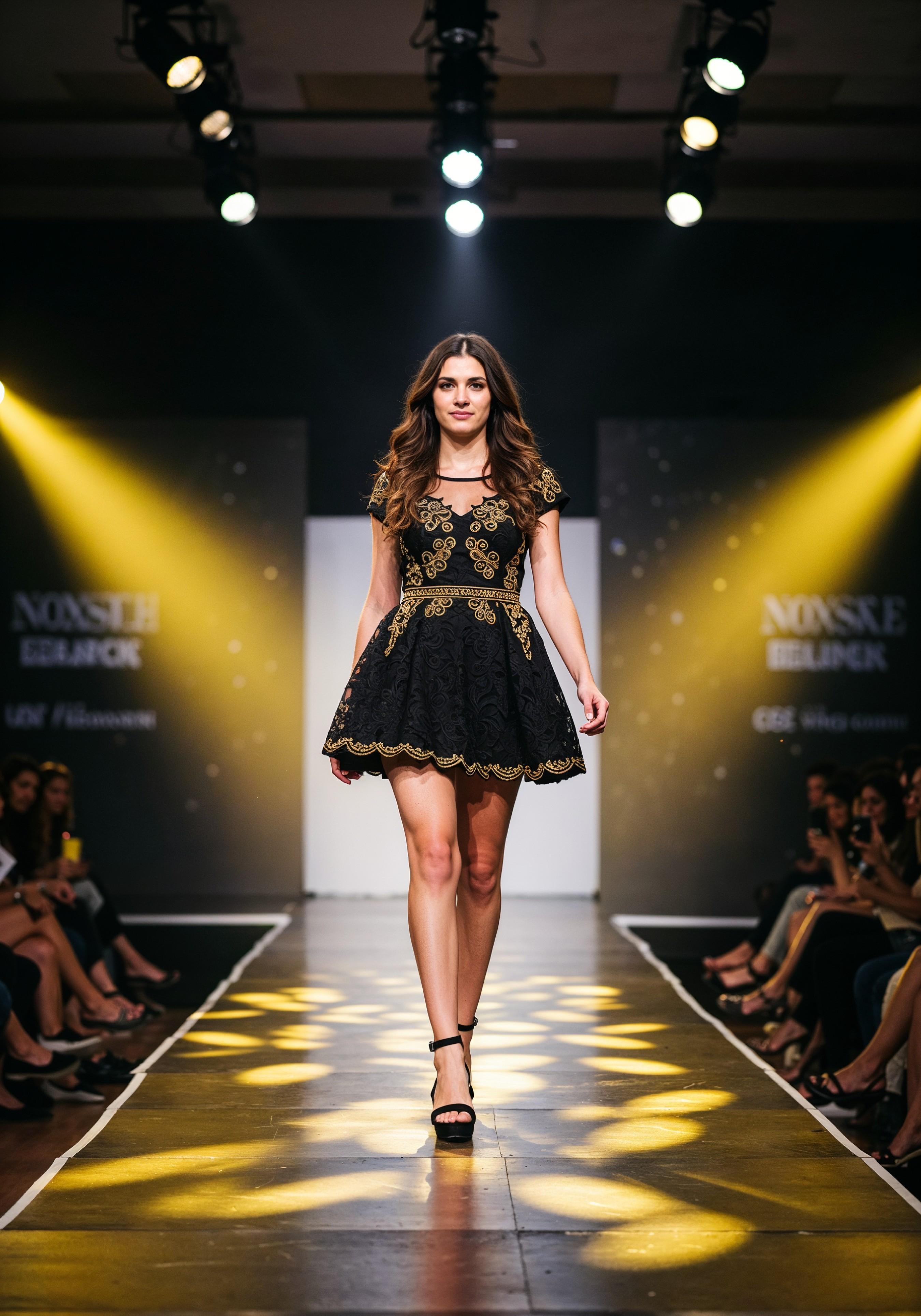Fashion Model Walking on Runway During Luxury Fashion Show with Stage Lights and Audience