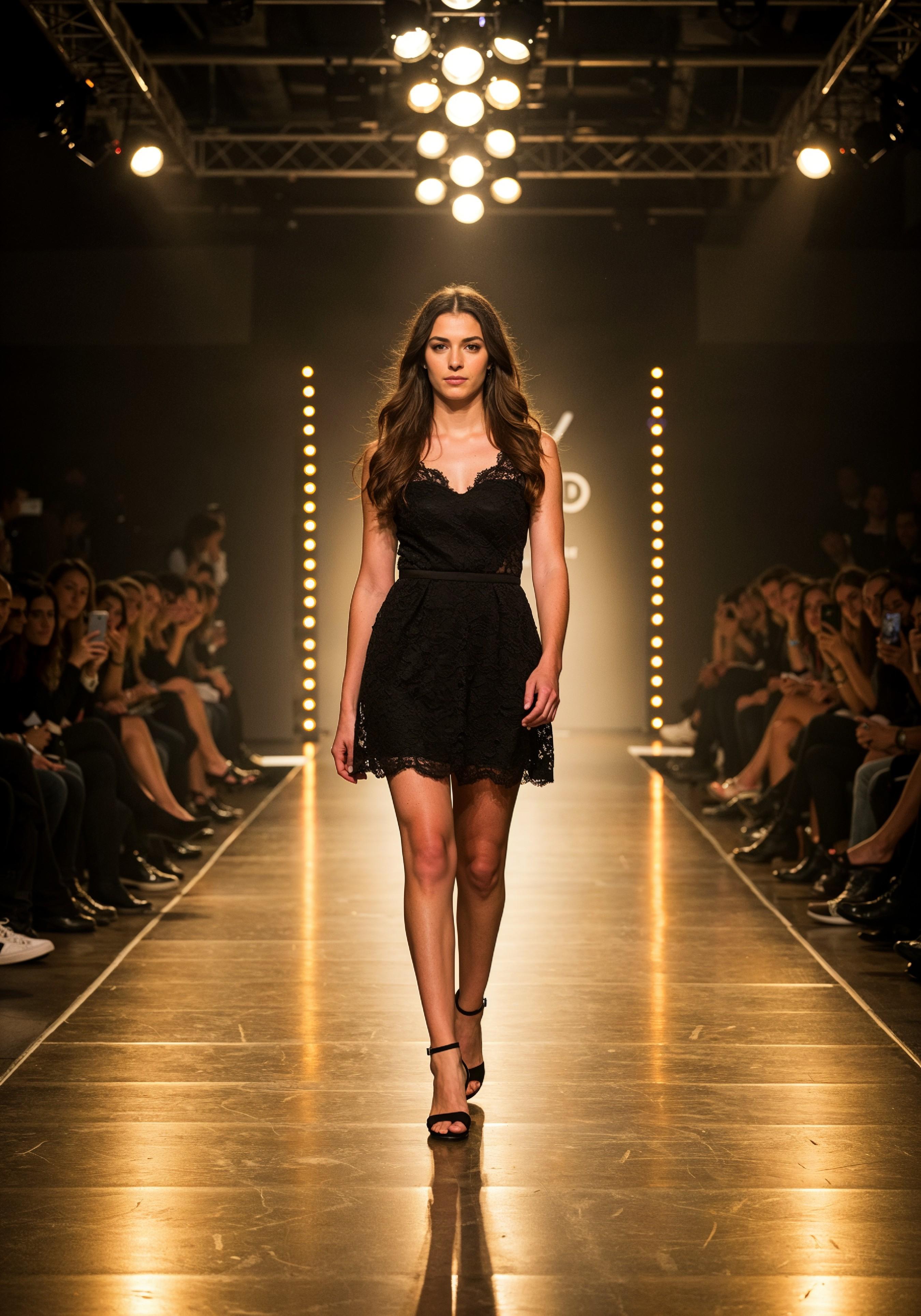 Fashion Model Walking on Runway During Luxury Fashion Show with Stage Lights and Audience