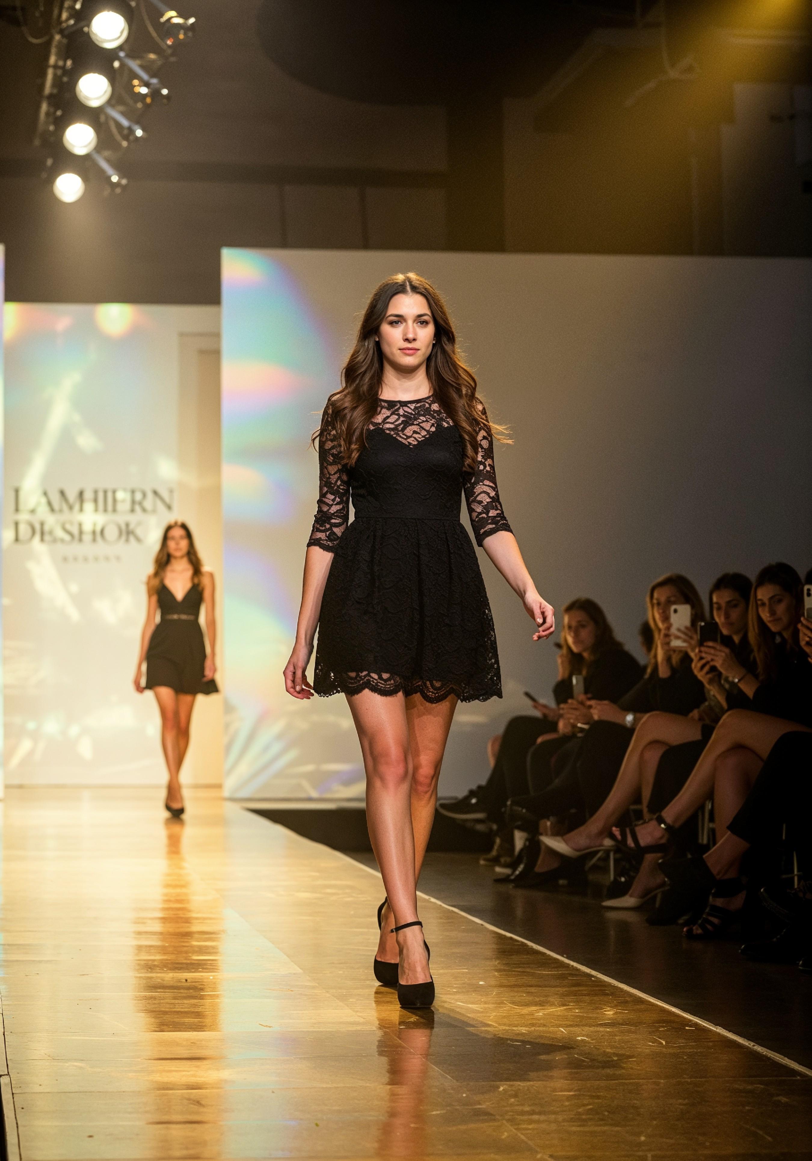 Fashion Model Walking on Runway During Luxury Fashion Show with Stage Lights and Audience