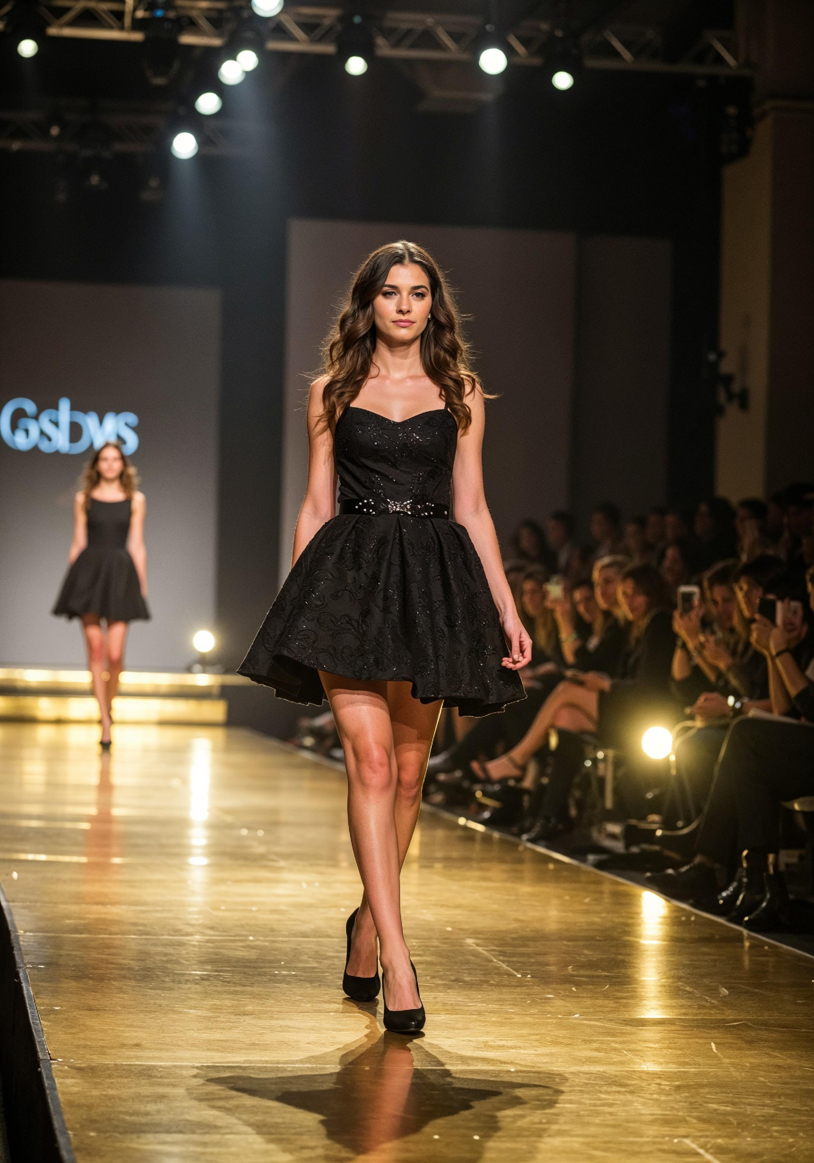 Fashion Model Walking on Runway During Luxury Fashion Show with Stage Lights and Audience
