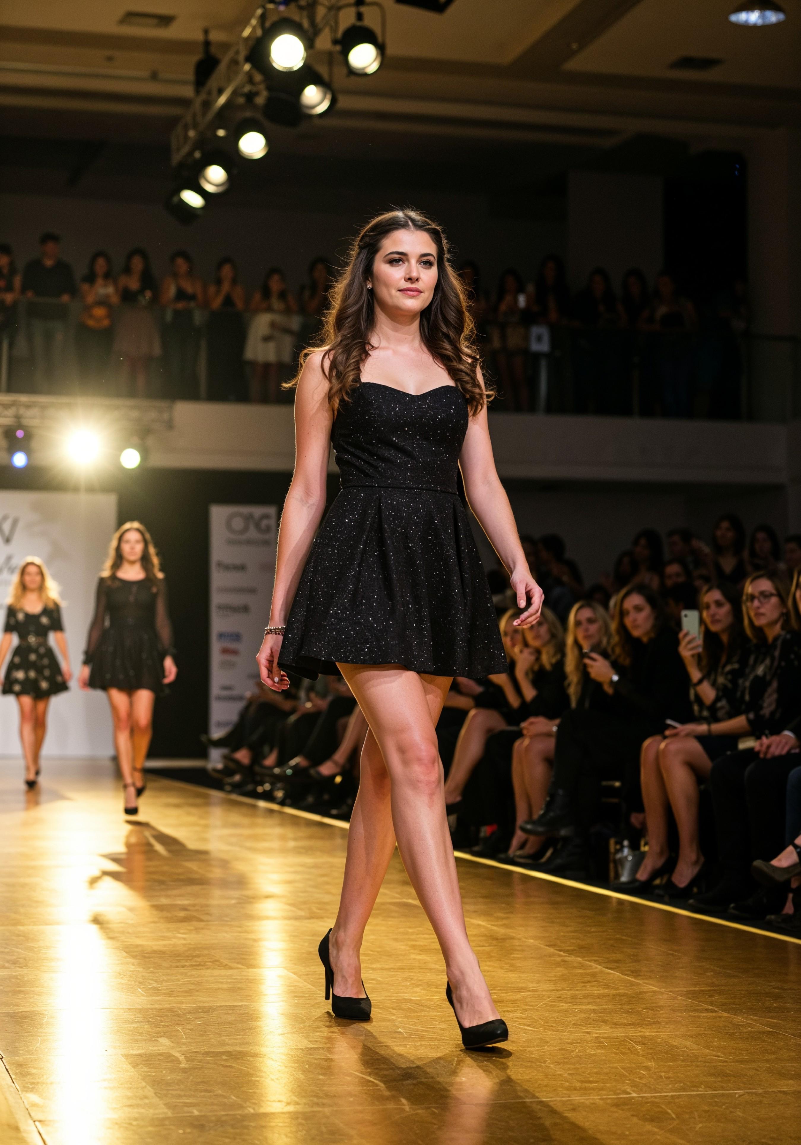 Fashion Model Walking on Runway During Luxury Fashion Show with Stage Lights and Audience