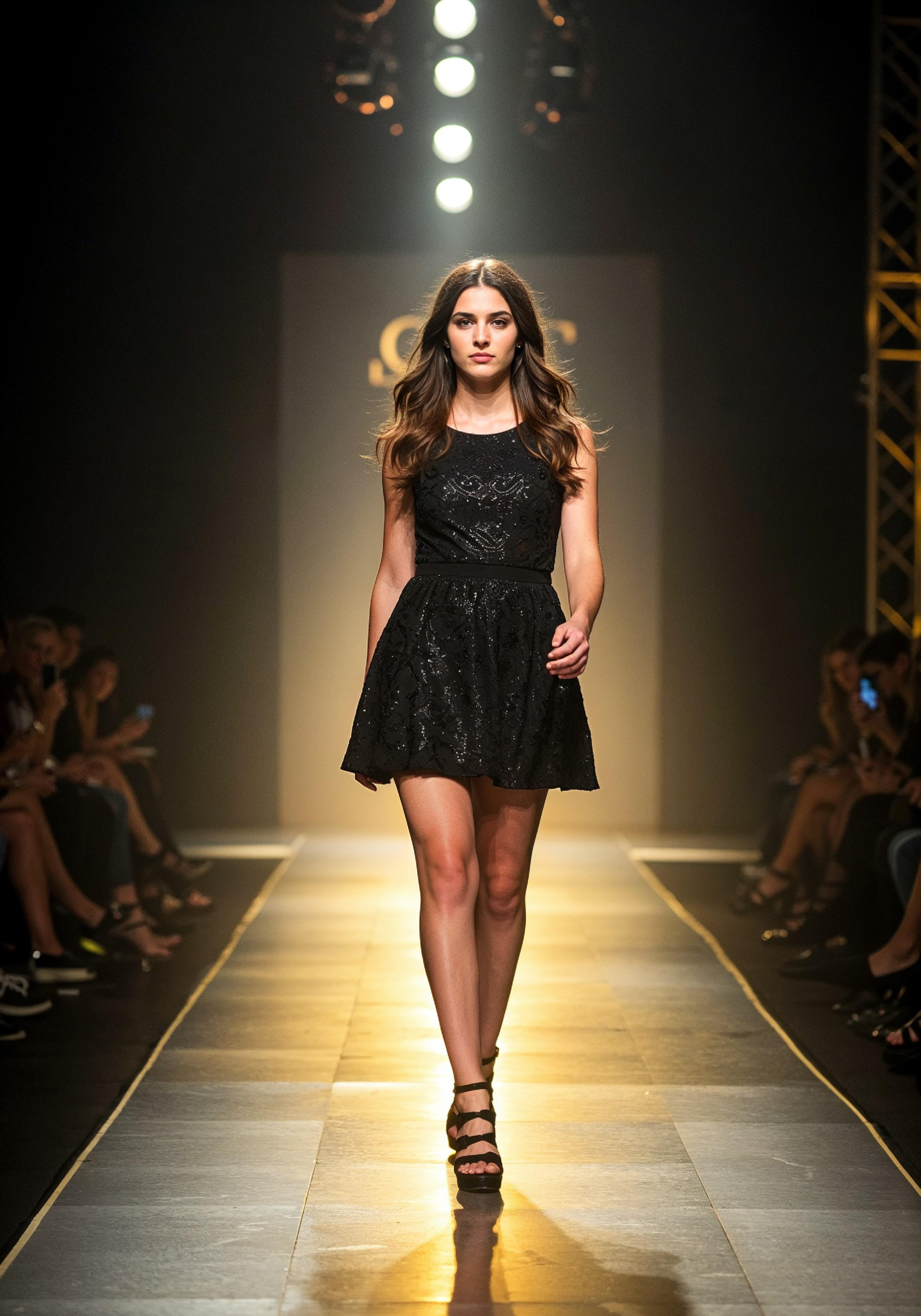 Fashion Model Walking on Runway During Luxury Fashion Show with Stage Lights and Audience