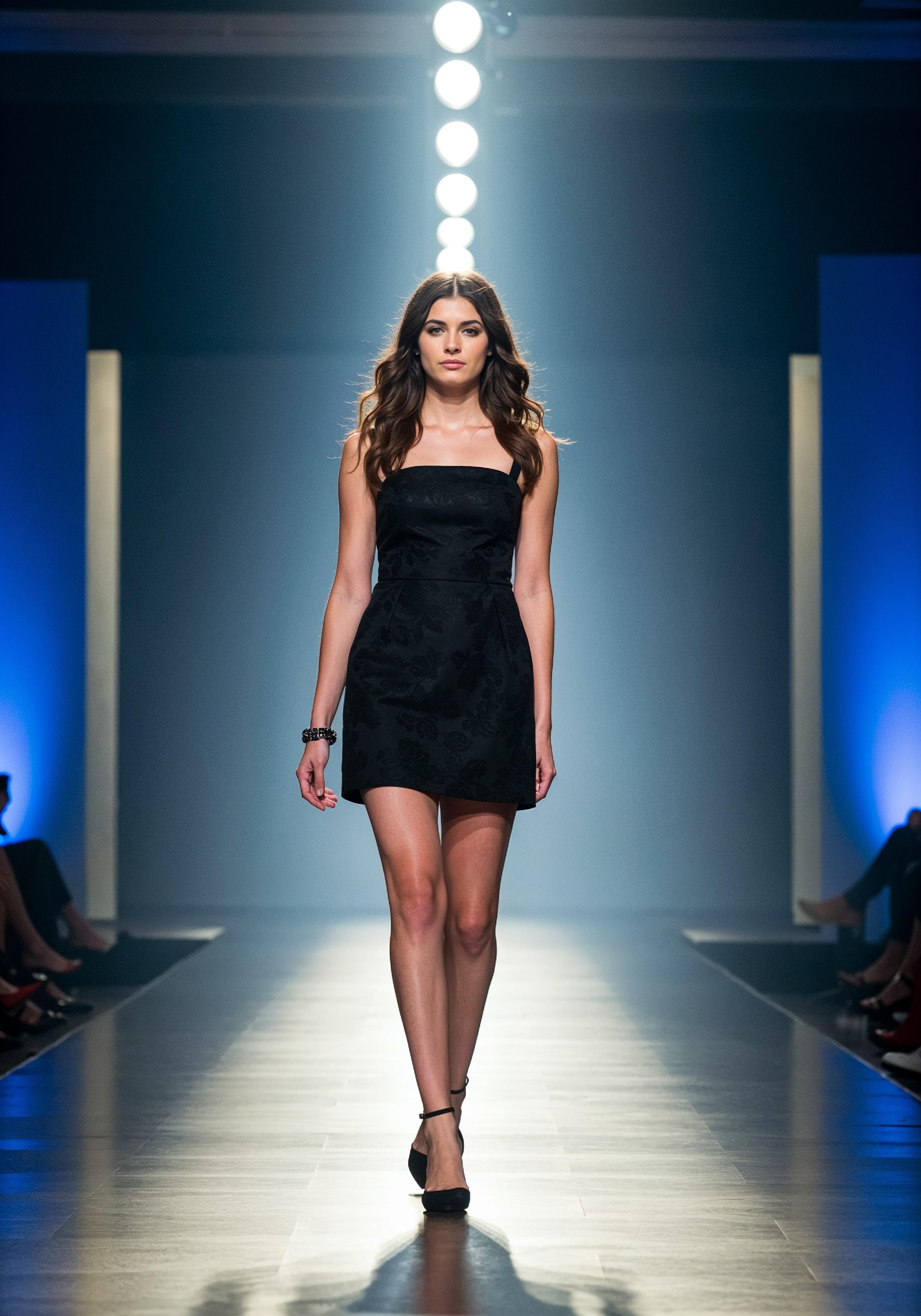 Fashion Model Walking on Runway During Luxury Fashion Show with Stage Lights and Audience