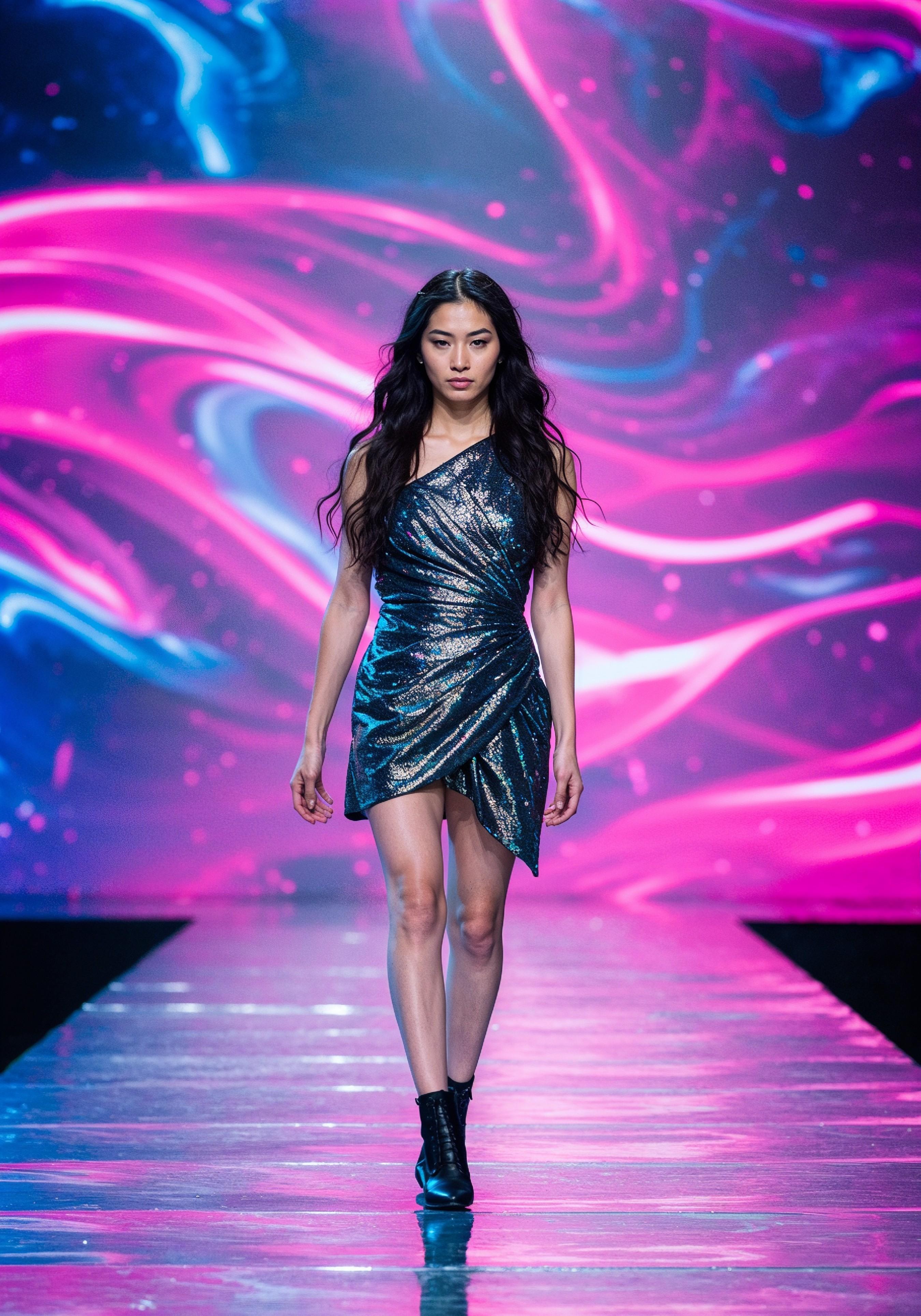 Fashion Model Walking on Runway During Luxury Fashion Show with Stage Lights and Audience