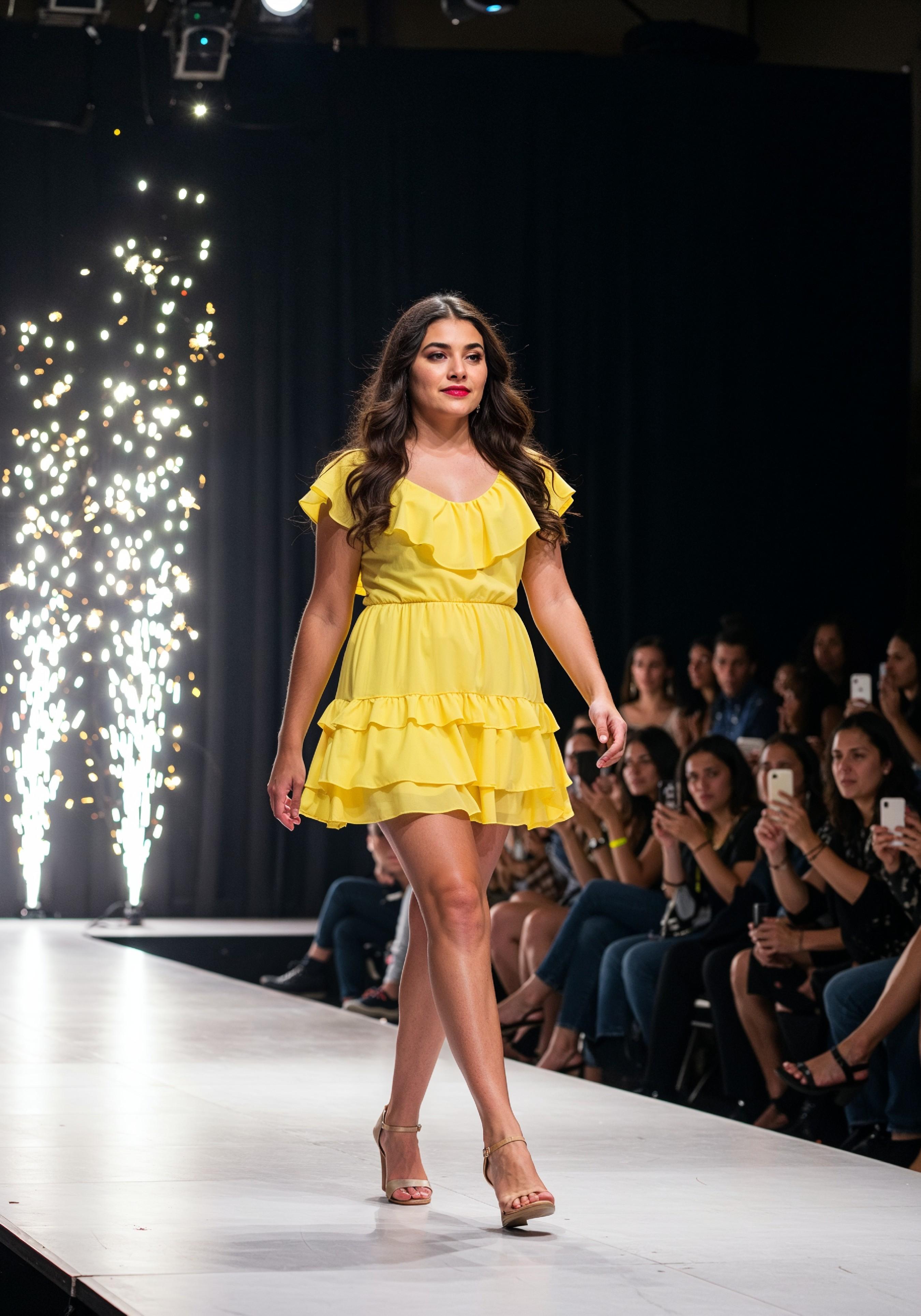 Fashion Model Walking on Runway During Luxury Fashion Show with Stage Lights and Audience