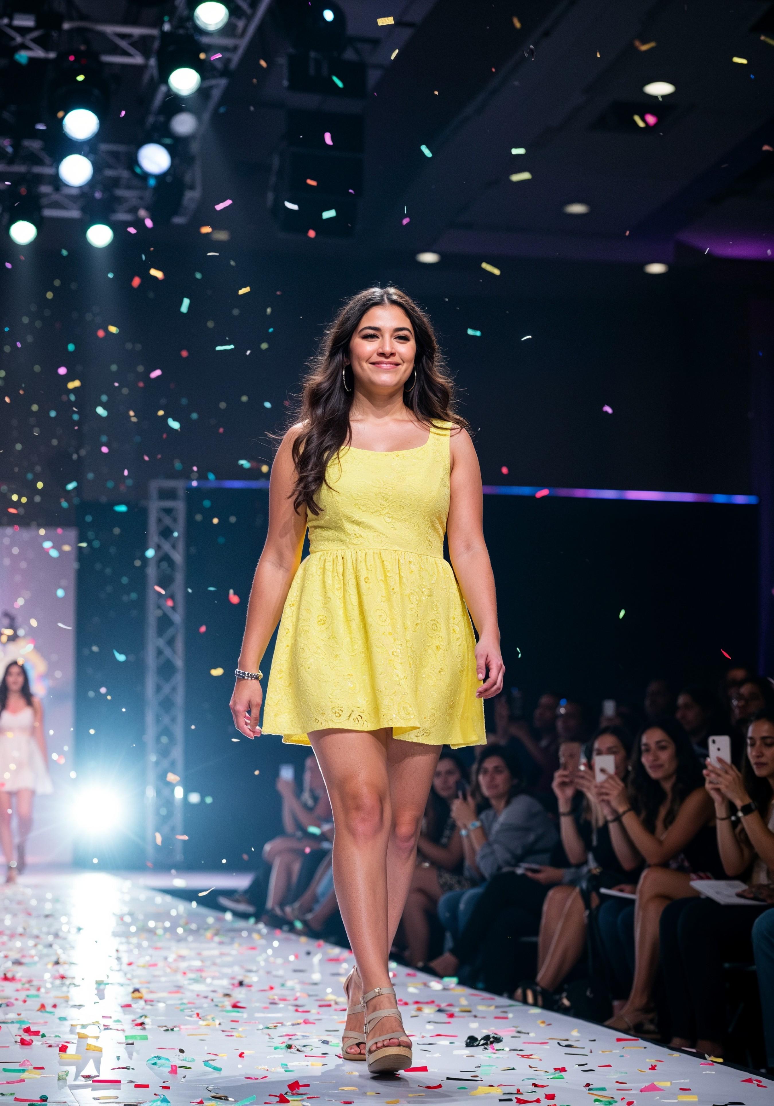 Fashion Model Walking on Runway During Luxury Fashion Show with Stage Lights and Audience