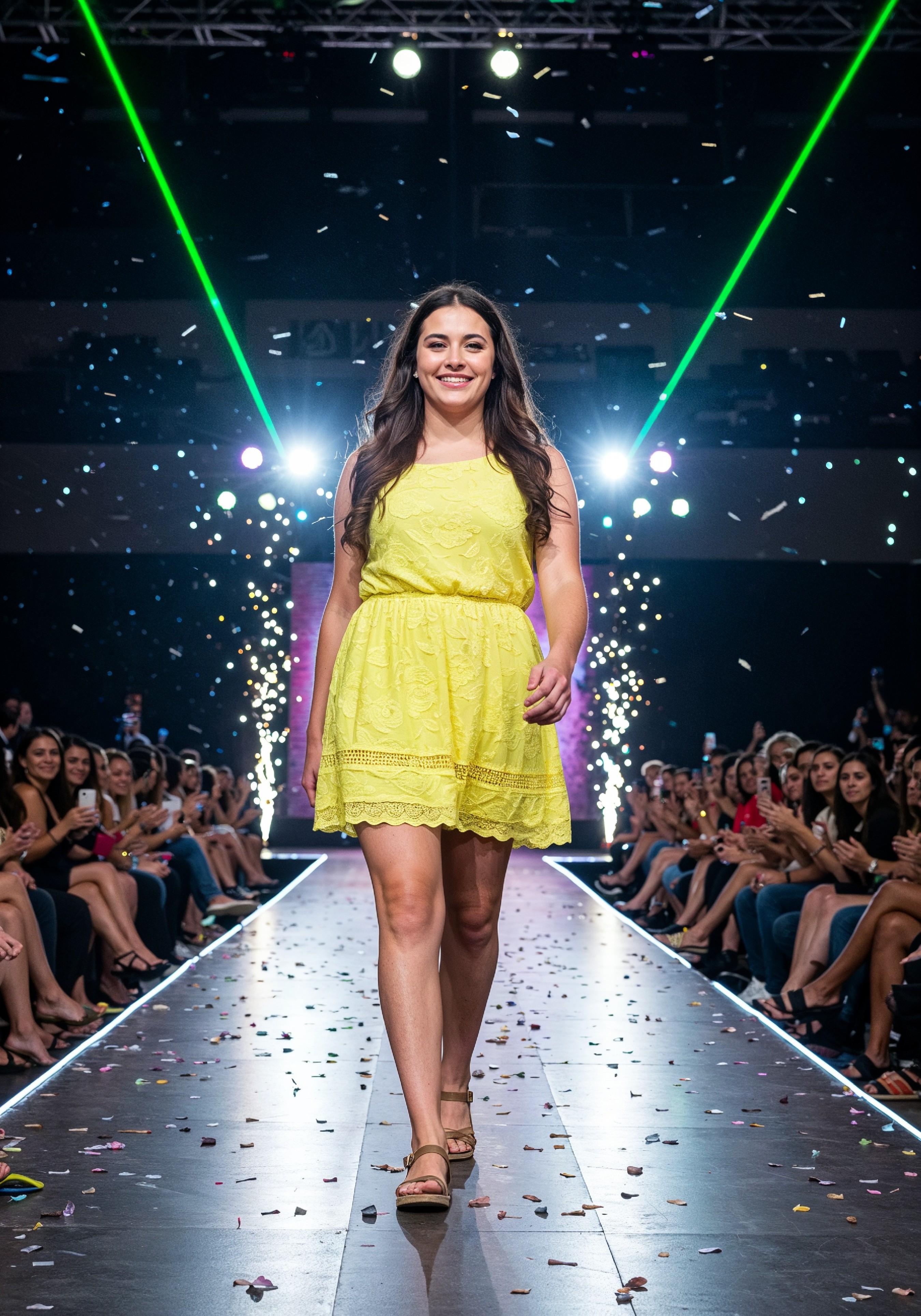 Fashion Model Walking on Runway During Luxury Fashion Show with Stage Lights and Audience