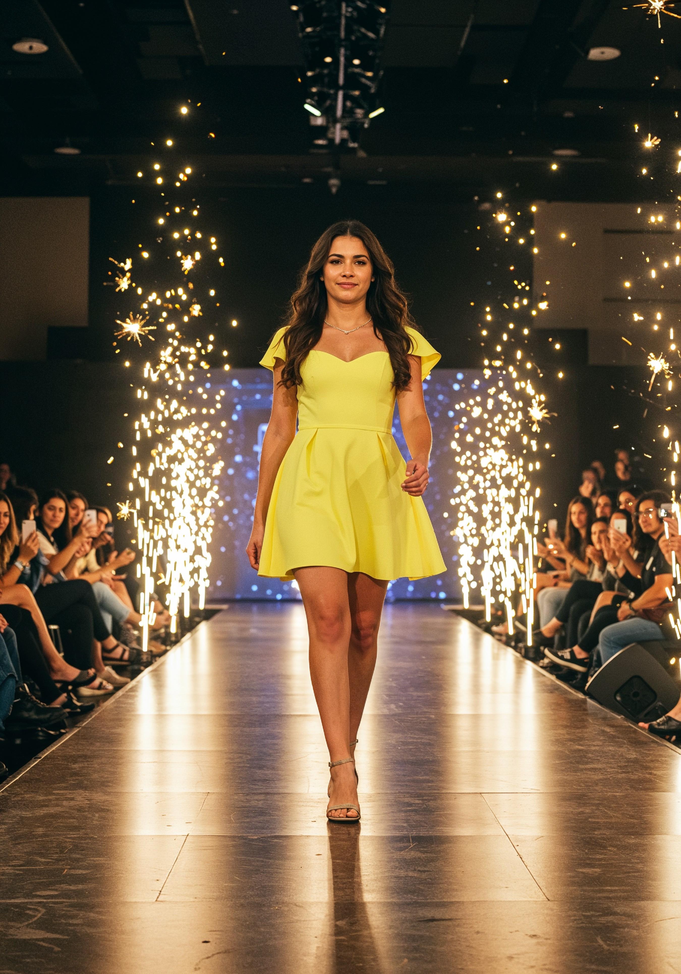 Fashion Model Walking on Runway During Luxury Fashion Show with Stage Lights and Audience