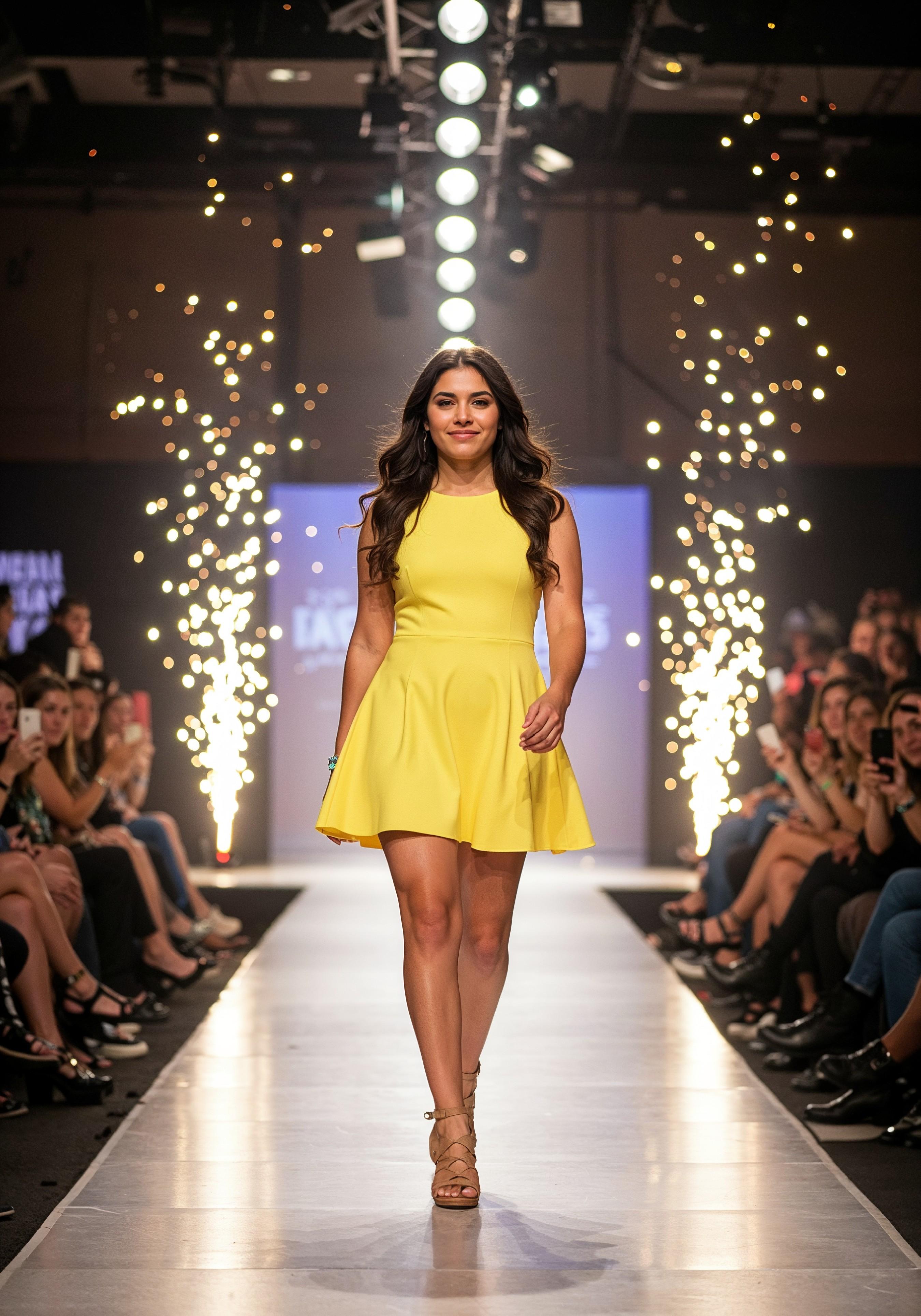 Fashion Model Walking on Runway During Luxury Fashion Show with Stage Lights and Audience