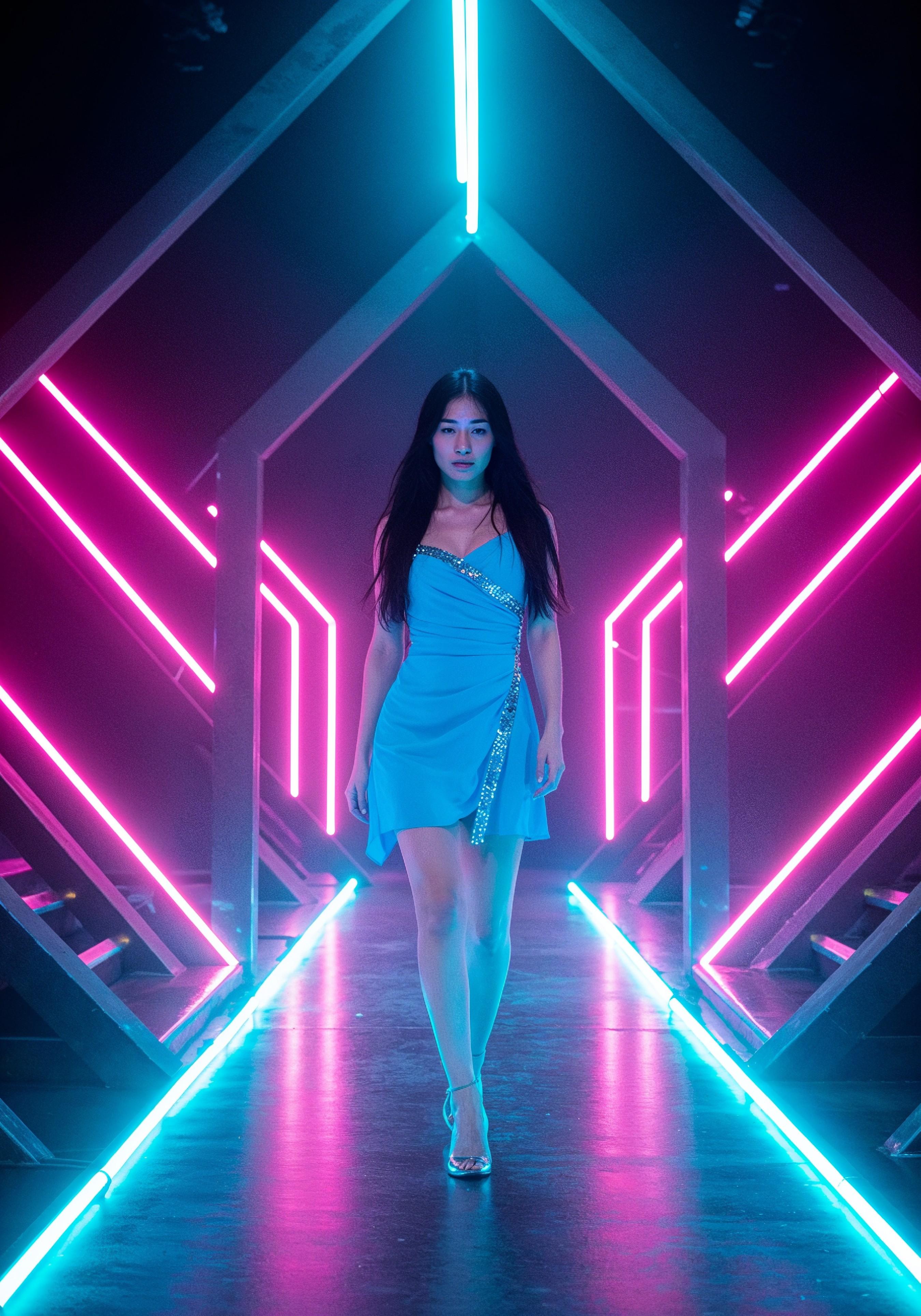 Fashion Model Walking on Runway During Luxury Fashion Show with Stage Lights and Audience