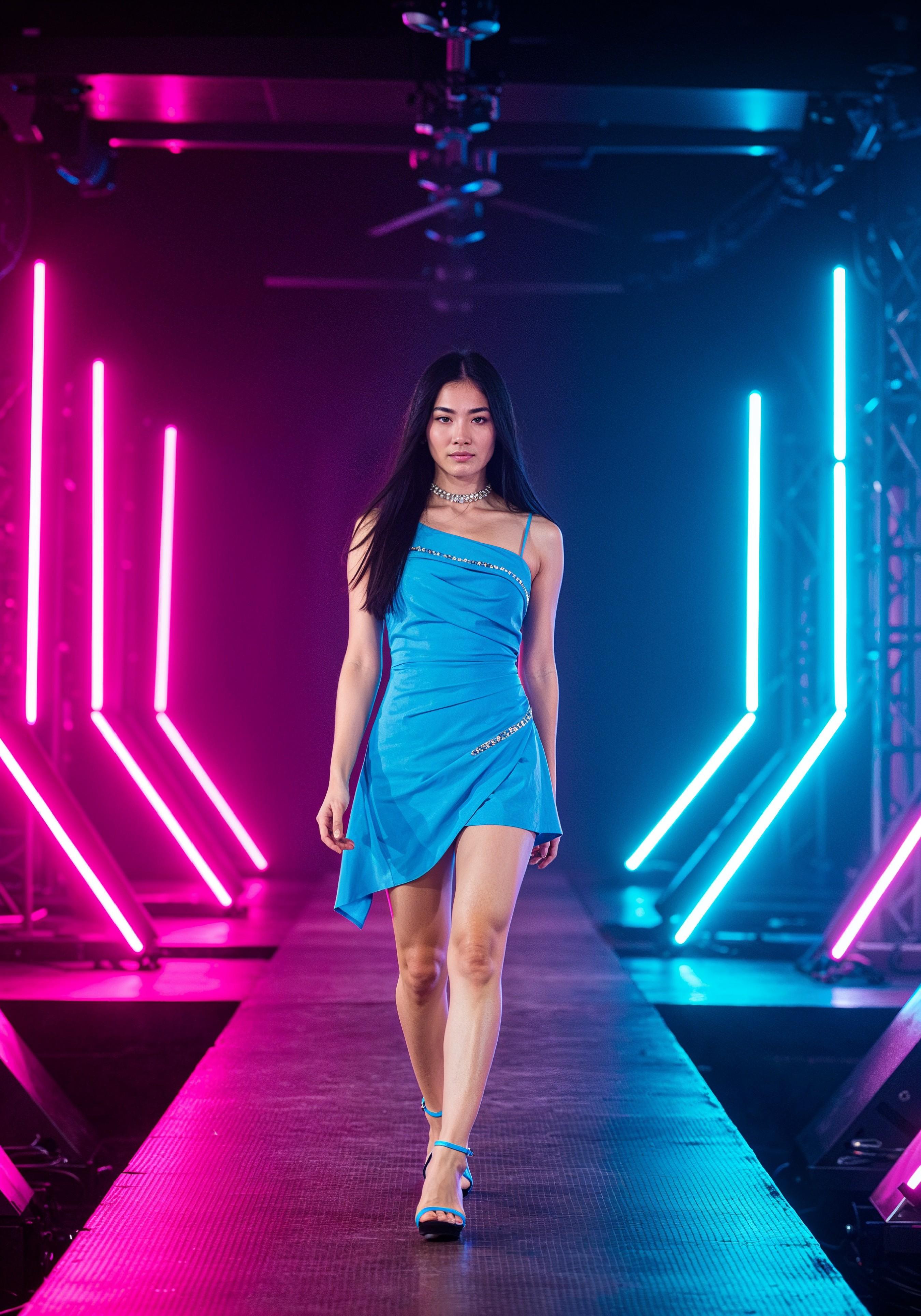 Fashion Model Walking on Runway During Luxury Fashion Show with Stage Lights and Audience