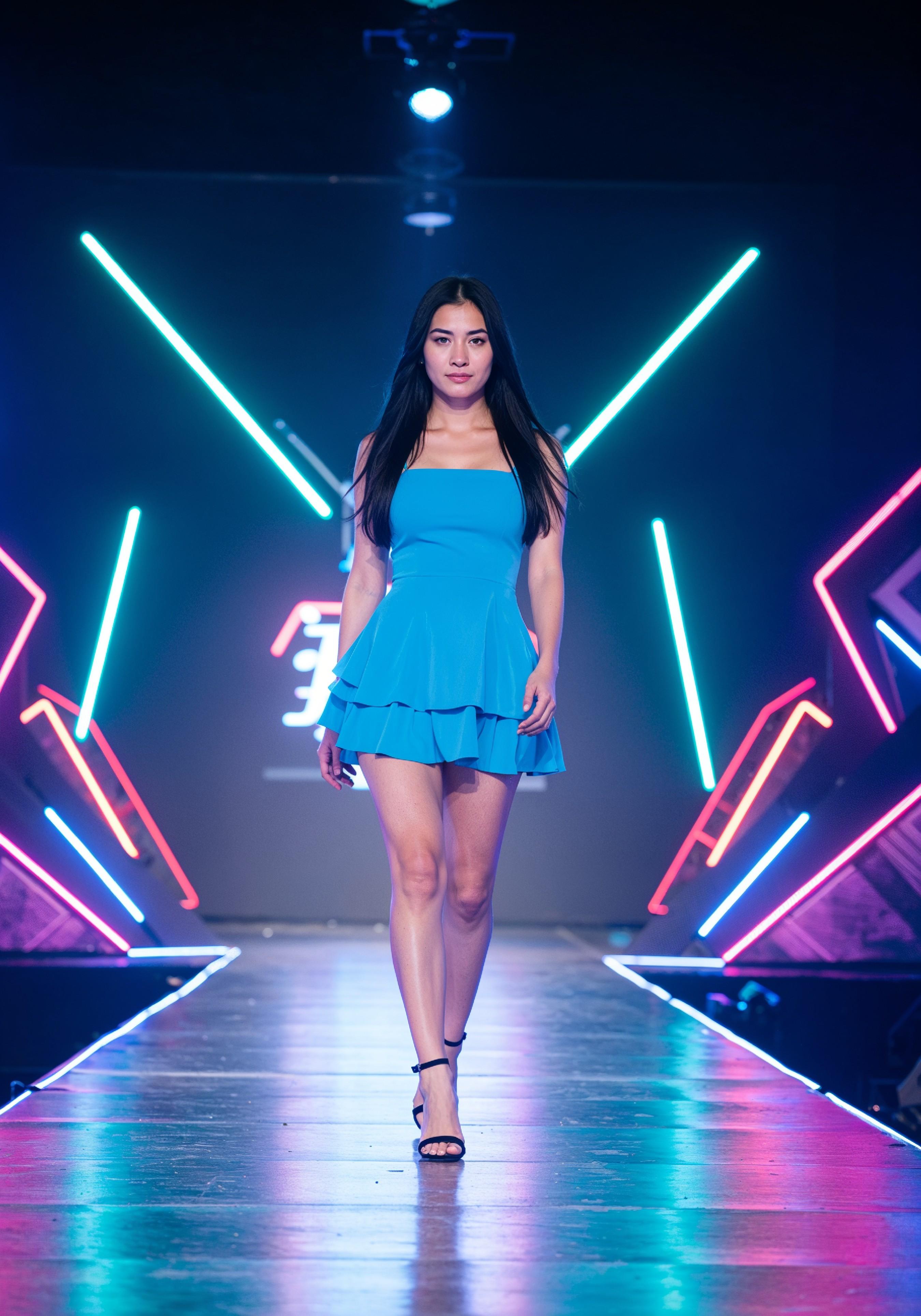 Fashion Model Walking on Runway During Luxury Fashion Show with Stage Lights and Audience