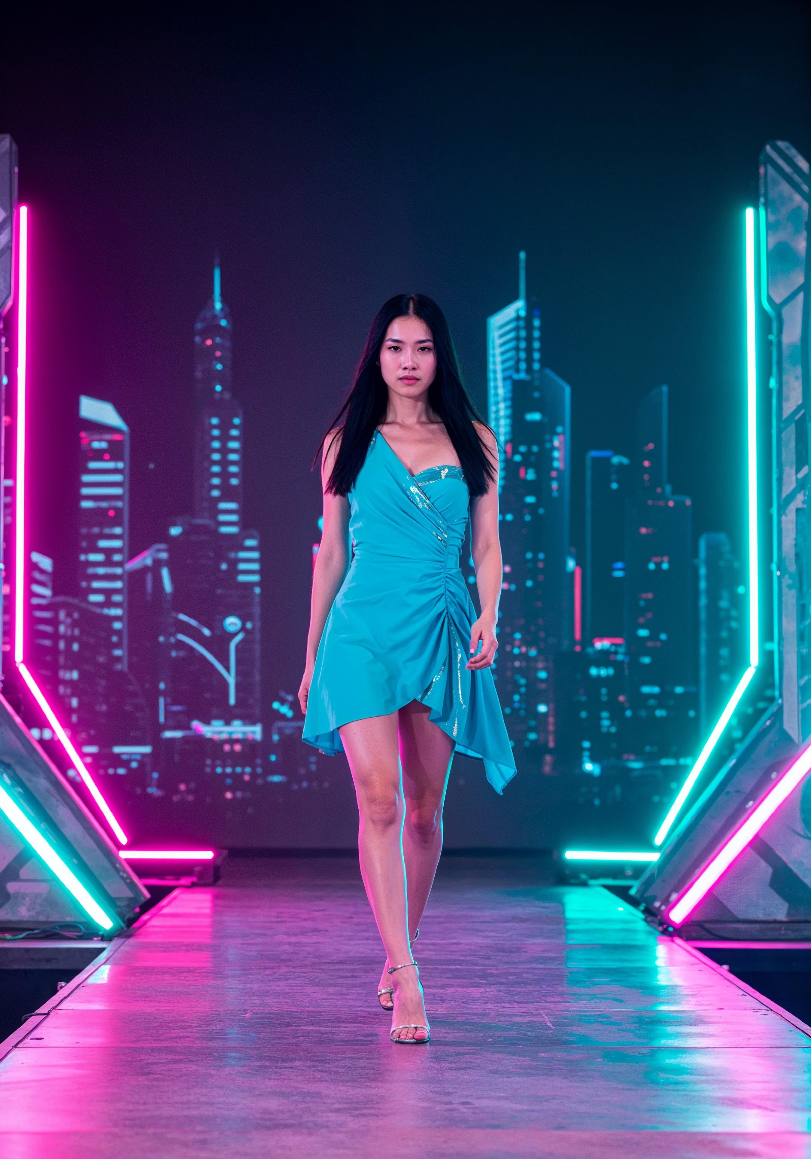 Fashion Model Walking on Runway During Luxury Fashion Show with Stage Lights and Audience