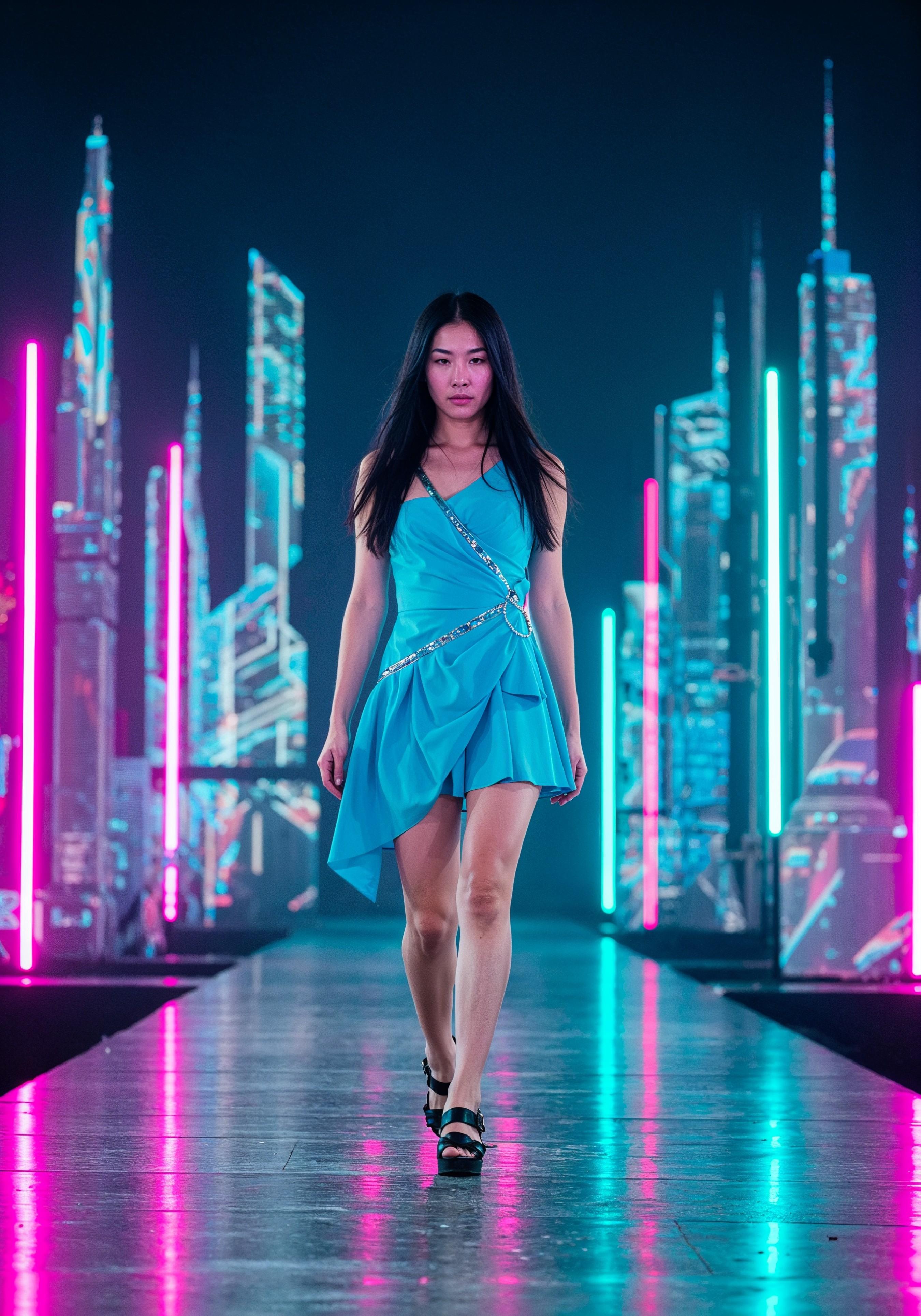 Fashion Model Walking on Runway During Luxury Fashion Show with Stage Lights and Audience