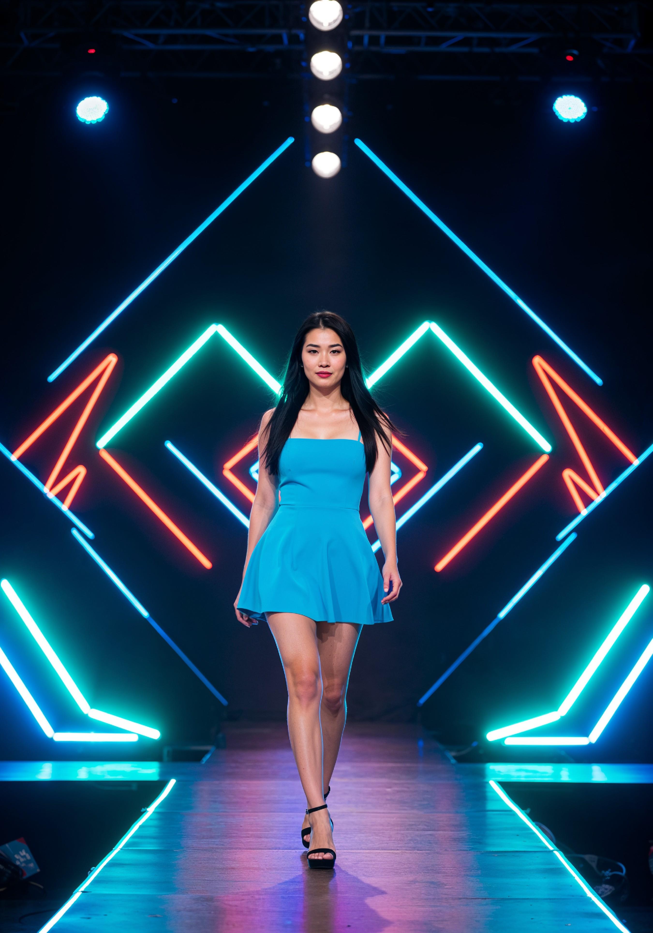 Fashion Model Walking on Runway During Luxury Fashion Show with Stage Lights and Audience