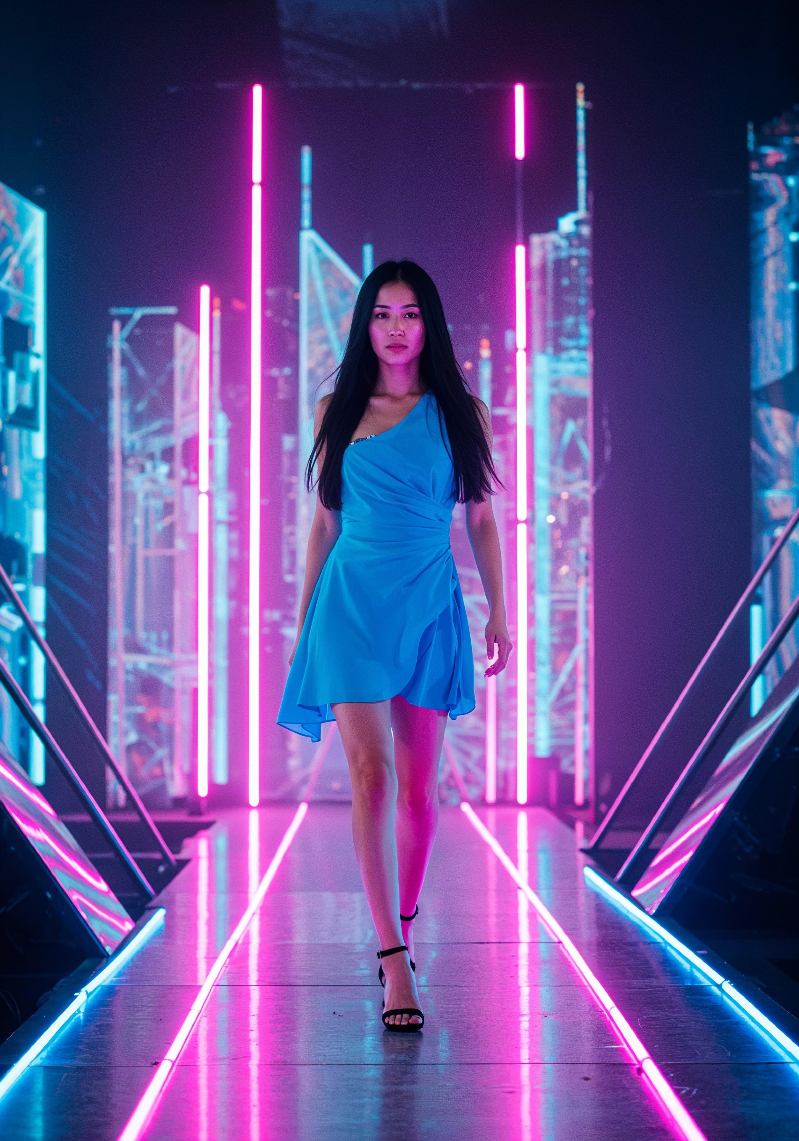 Fashion Model Walking on Runway During Luxury Fashion Show with Stage Lights and Audience