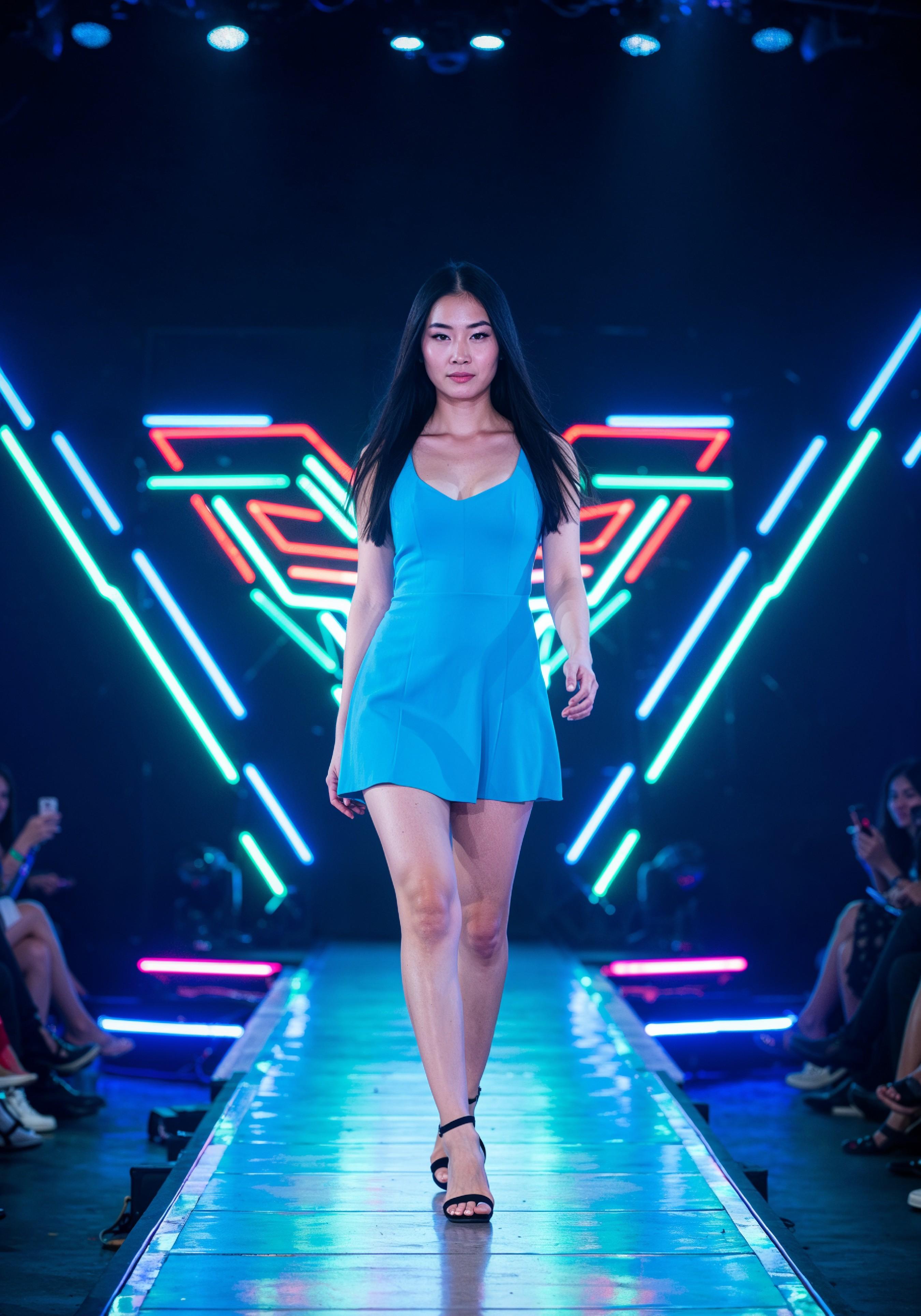 Fashion Model Walking on Runway During Luxury Fashion Show with Stage Lights and Audience