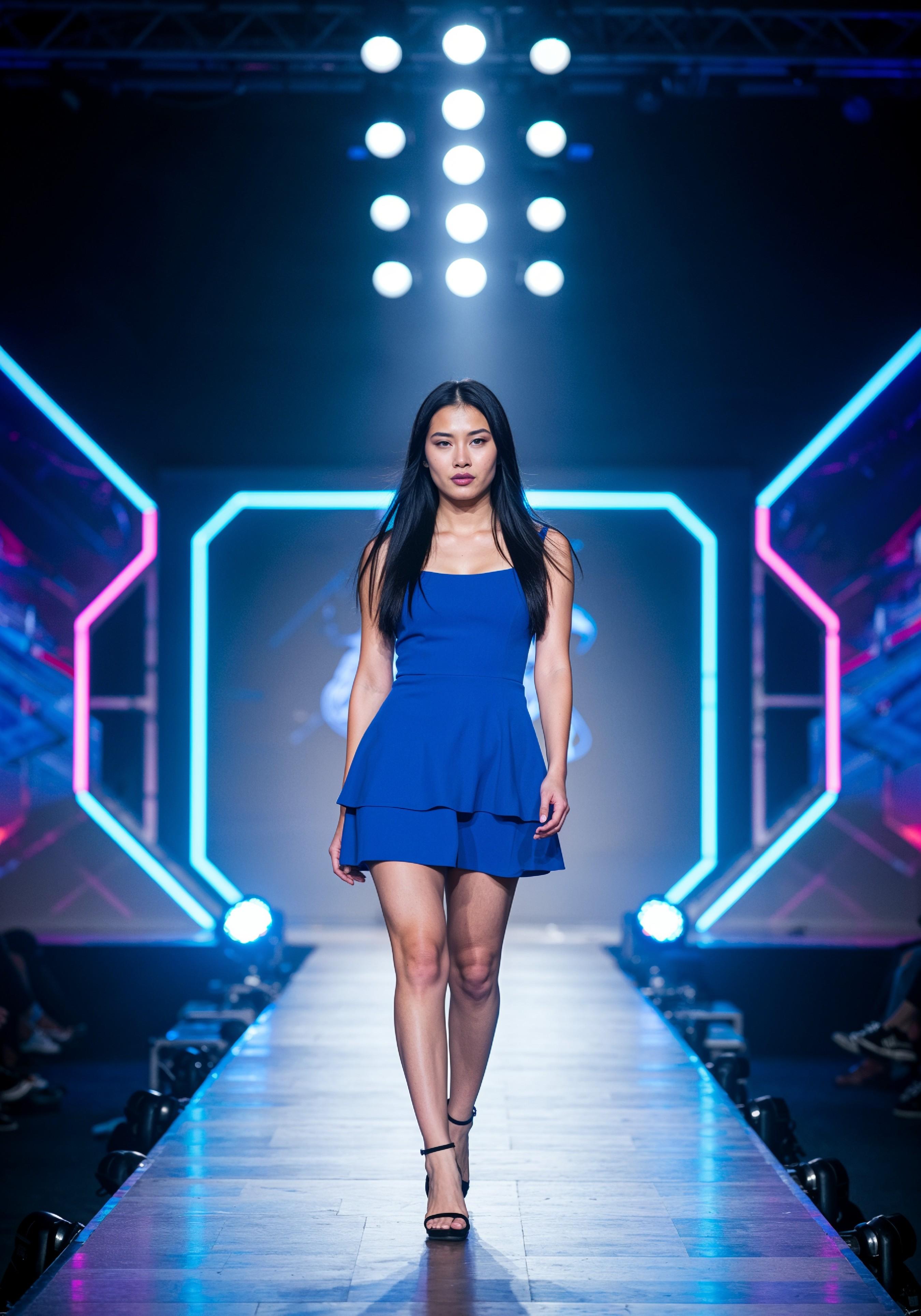 Fashion Model Walking on Runway During Luxury Fashion Show with Stage Lights and Audience