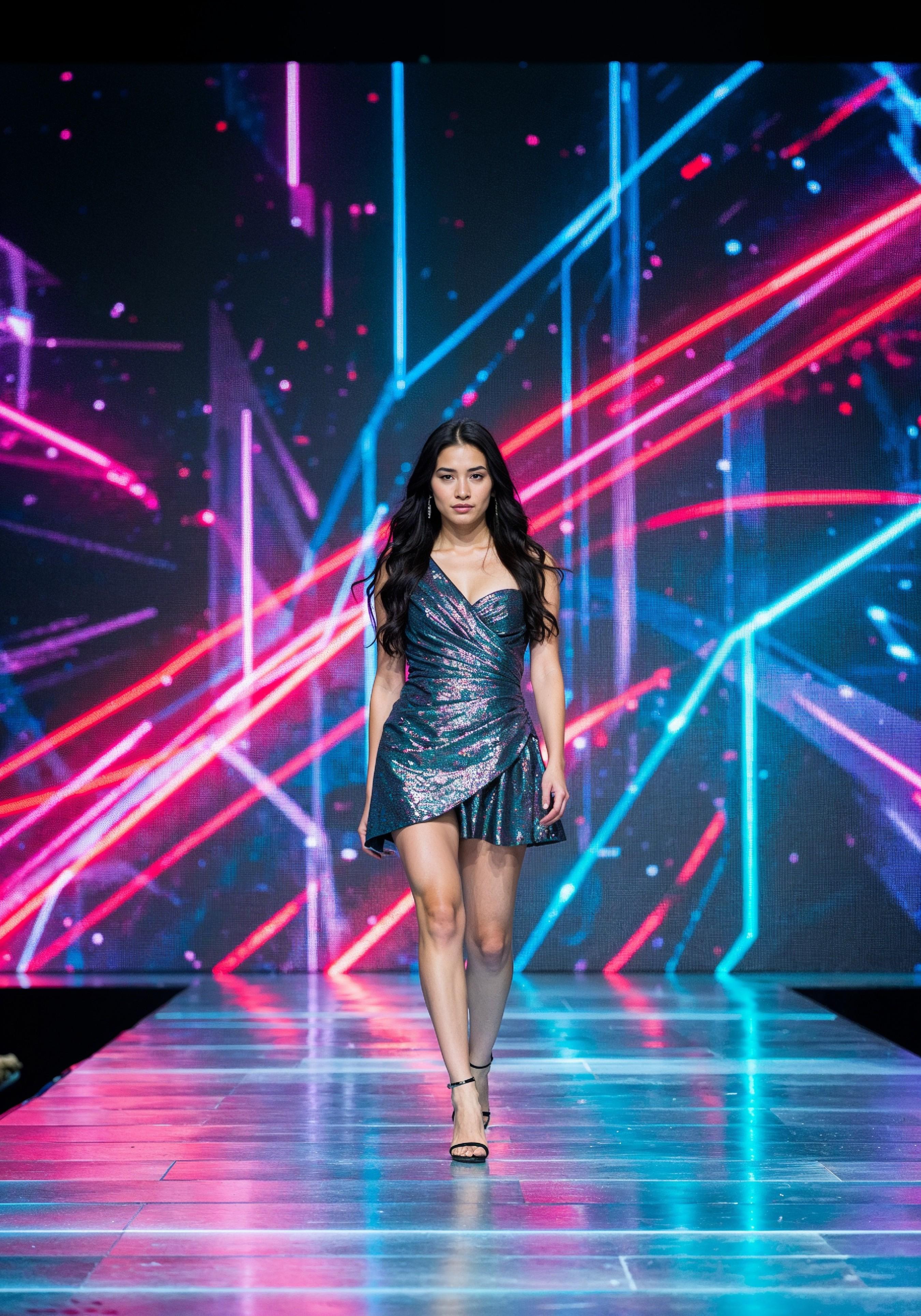 Fashion Model Walking on Runway During Luxury Fashion Show with Stage Lights and Audience