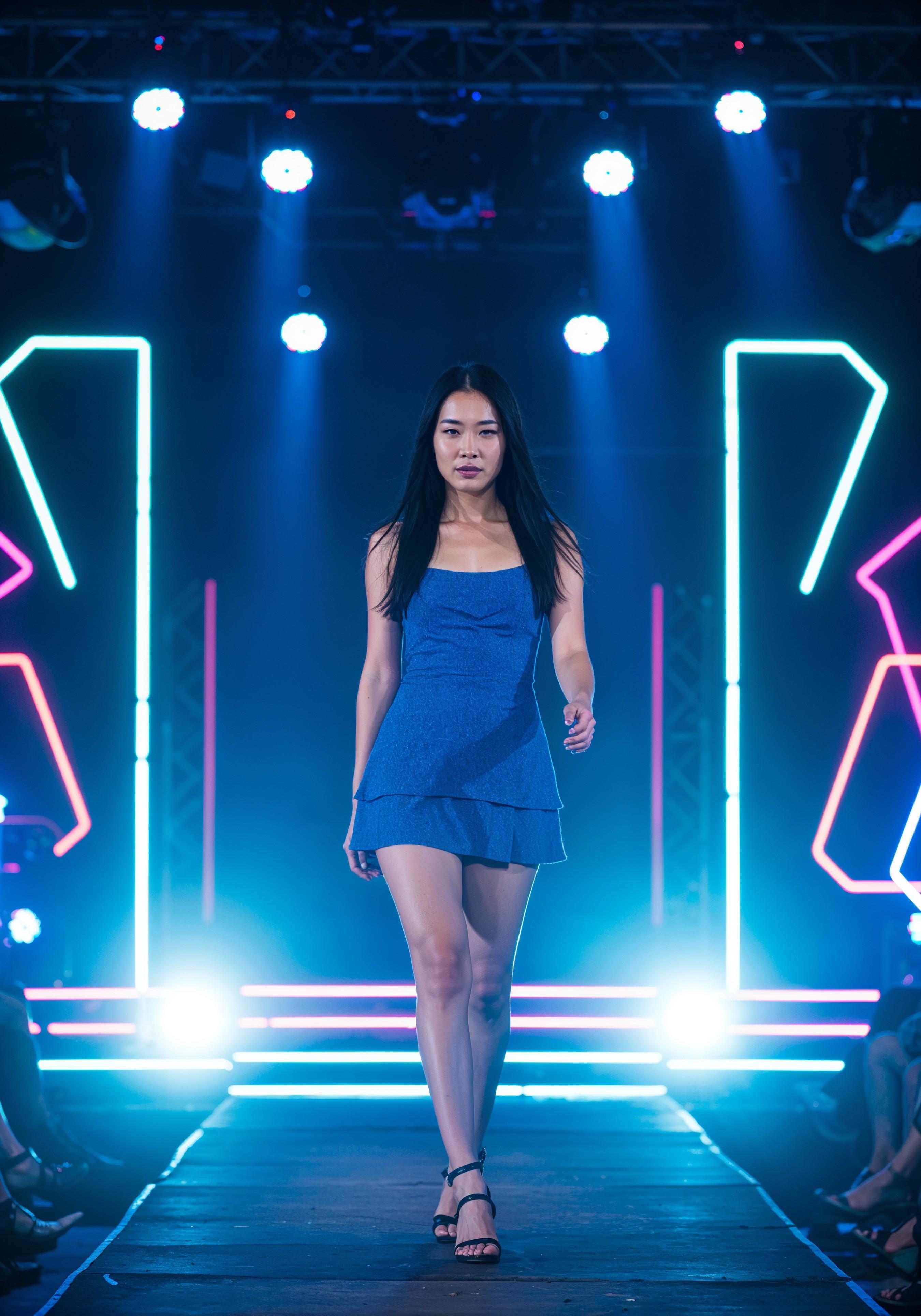 Fashion Model Walking on Runway During Luxury Fashion Show with Stage Lights and Audience