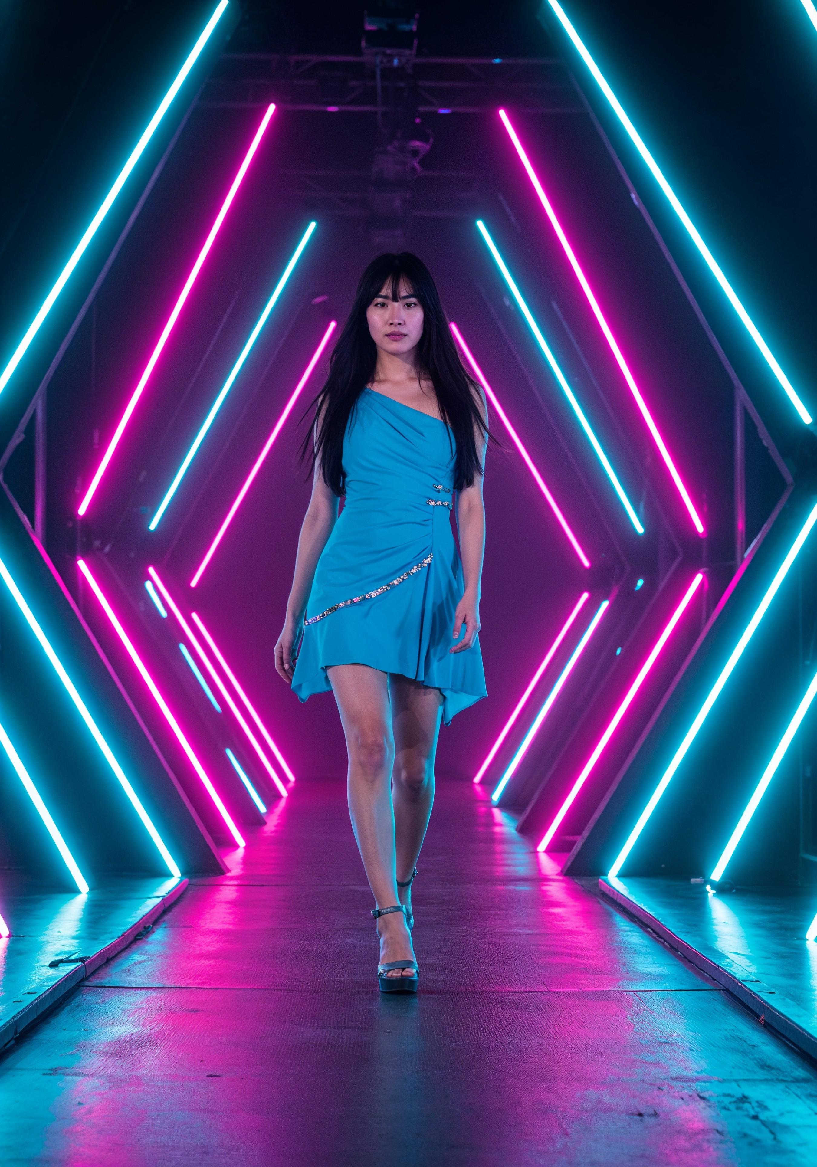 Fashion Model Walking on Runway During Luxury Fashion Show with Stage Lights and Audience