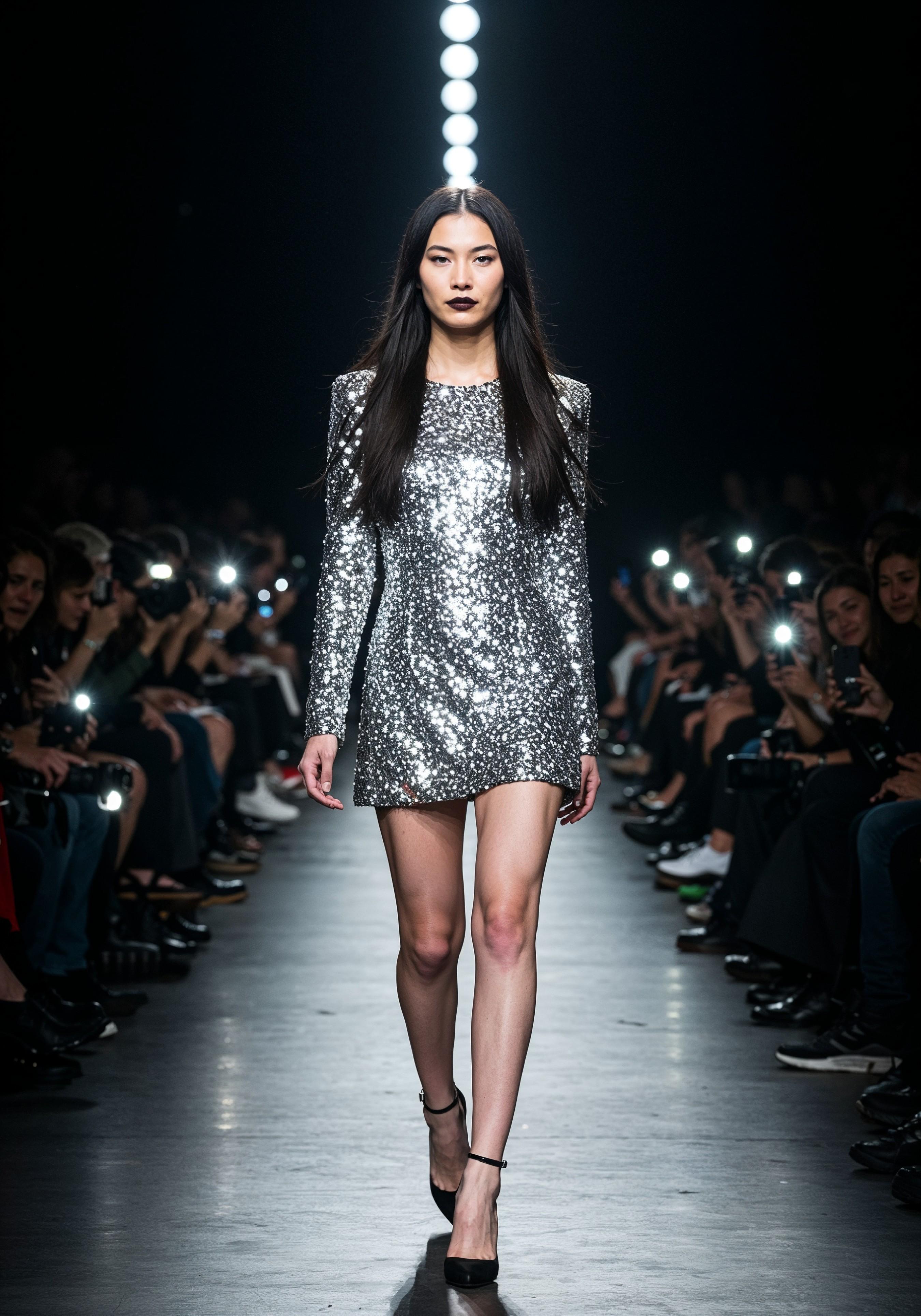 Fashion Model Walking on Runway During Luxury Fashion Show with Stage Lights and Audience