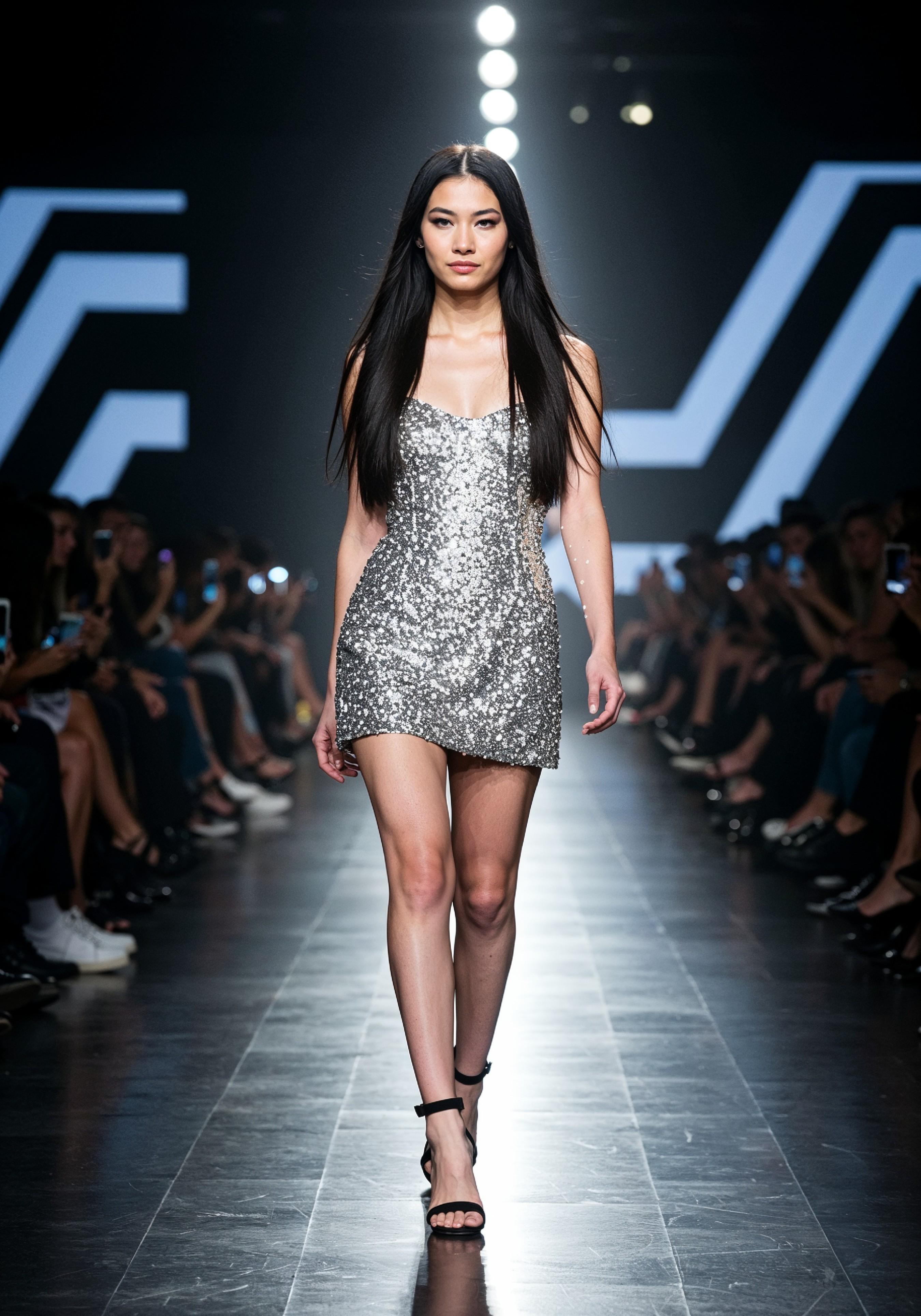 Fashion Model Walking on Runway During Luxury Fashion Show with Stage Lights and Audience