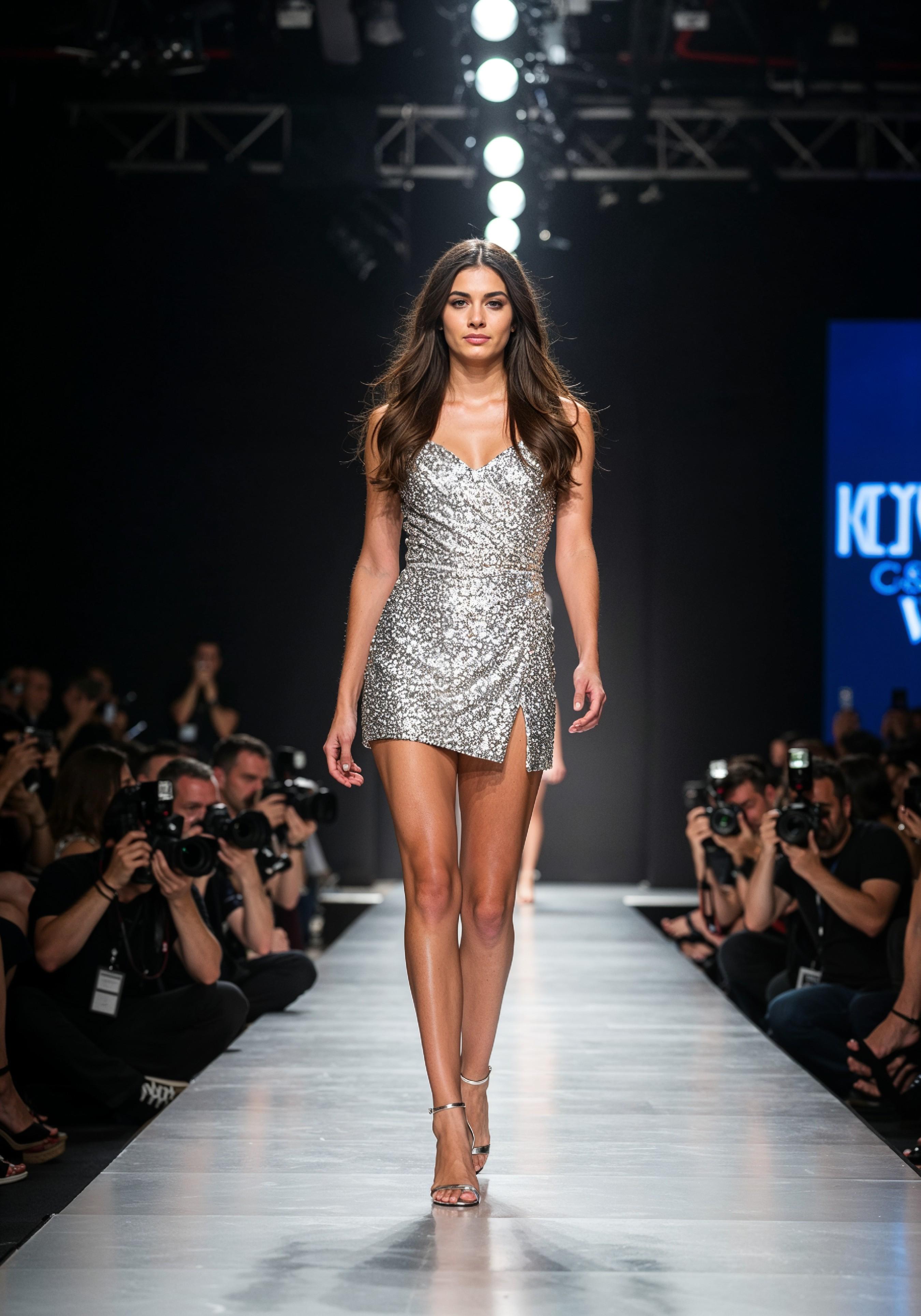 Fashion Model Walking on Runway During Luxury Fashion Show with Stage Lights and Audience
