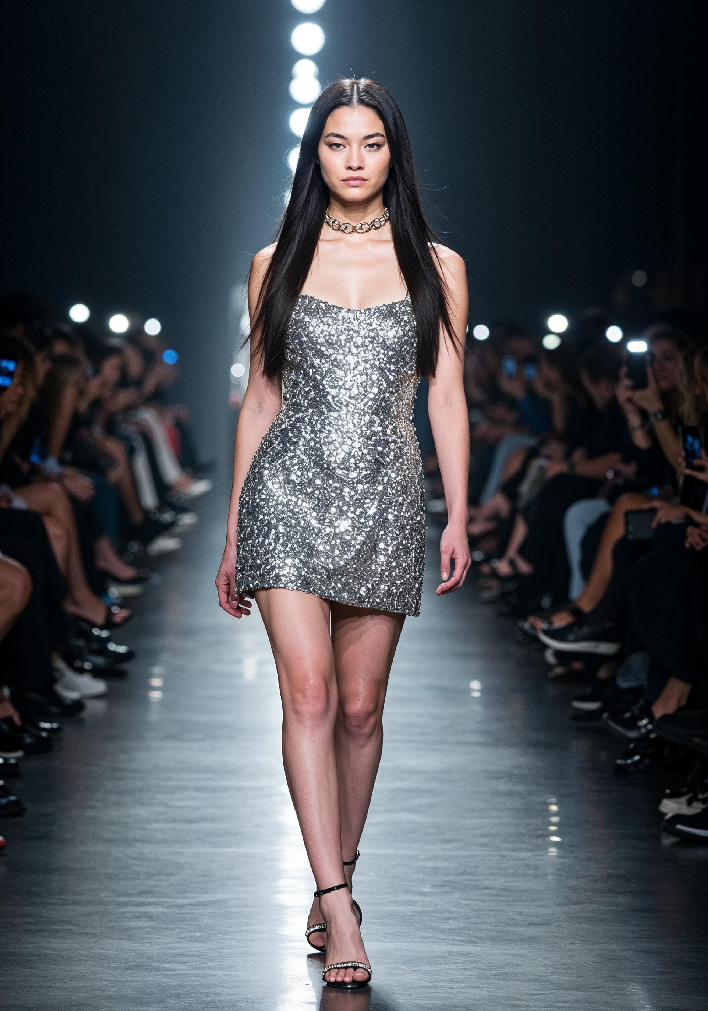 Fashion Model Walking on Runway During Luxury Fashion Show with Stage Lights and Audience