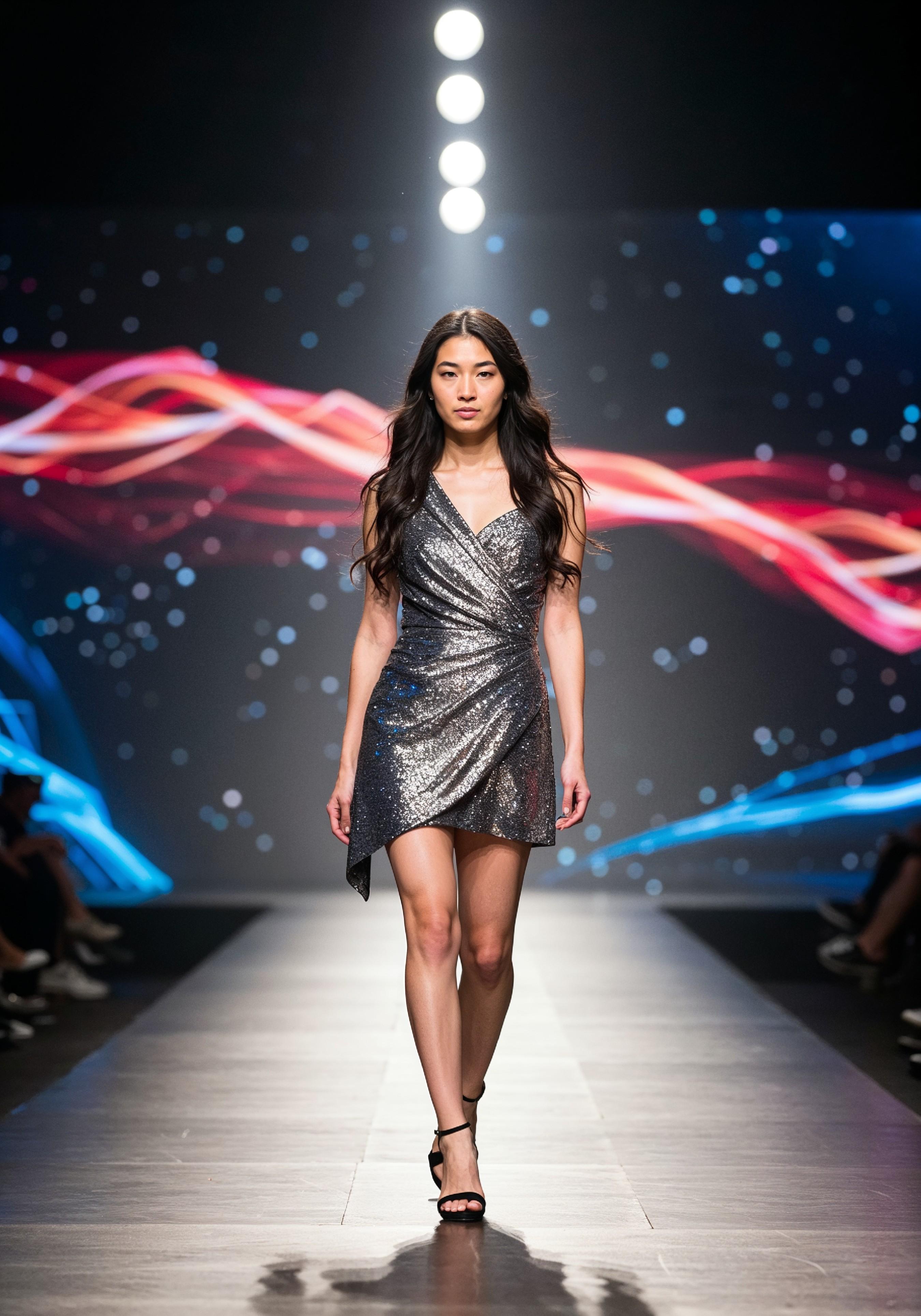 Fashion Model Walking on Runway During Luxury Fashion Show with Stage Lights and Audience